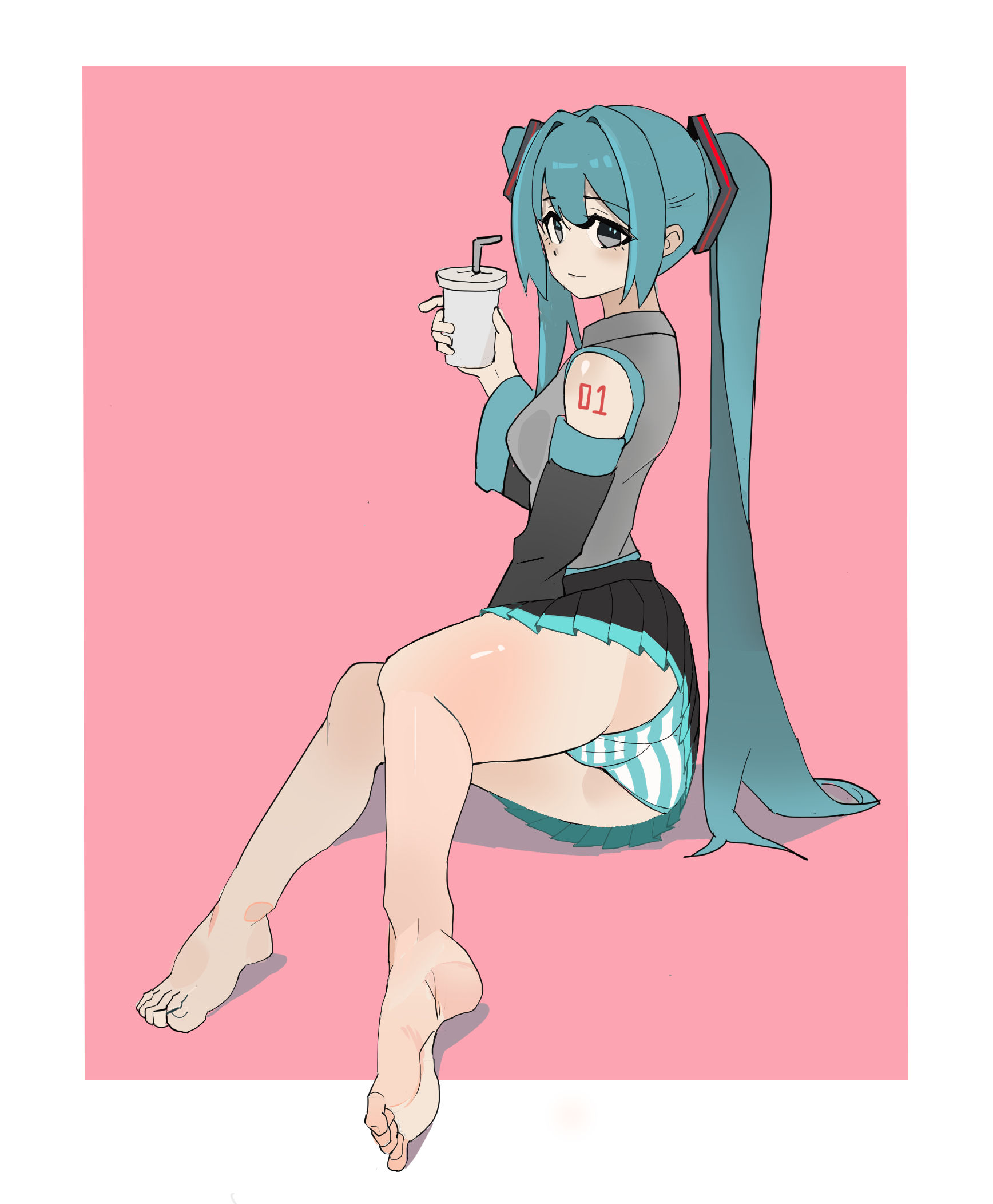 1girl, 1girls, 2025, aqua eyes, aqua hair, aqua panties, arm tattoo, ass, barefoot, cameltoe, cup, detached sleeves, drink, feet, grey eyes, grey shirt, hatsune miku, holding, long hair, looking at viewer, panties, pink background, pleated skirt, shirt, simple background, sitting, skirt, sleeveless, smile, soles, solo, striped, striped panties, tagme, tattoo, thighs, toes, trefoil, twintails, underwear, upskirt, very long hair, vocaloid, wuming-aaa