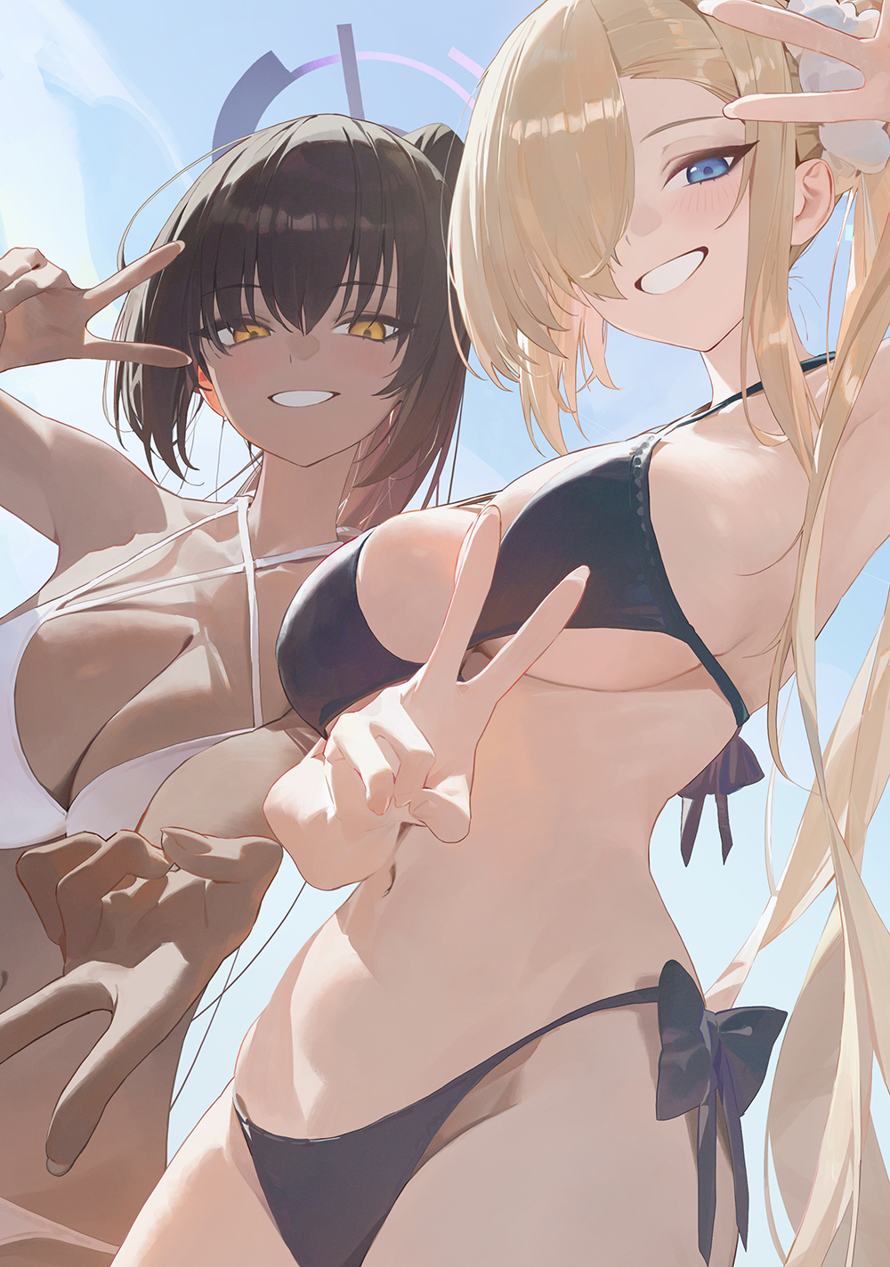 2girls, alternate costume, asuna (blue archive), bare shoulders, big breasts, bikini, black bikini, black hair, black-haired female, blue archive, blue eyes, blue sky, blush, breasts, brown hair, brown-haired female, chocolate and vanilla, cleavage, dark skin, dark-skinned female, double v, female, female only, female torso, grin, gyaru v, hair over one eye, halo, halterneck, highres, karin (blue archive), large breasts, light brown hair, long hair, long-haired female, looking at viewer, modare, multiple girls, navel, outdoors, ponytail, side-tie bikini bottom, sideboob, sky, smile, string bikini, swimsuit, teeth, underboob, v, very long hair, voluptuous, voluptuous female, white bikini, yellow eyes