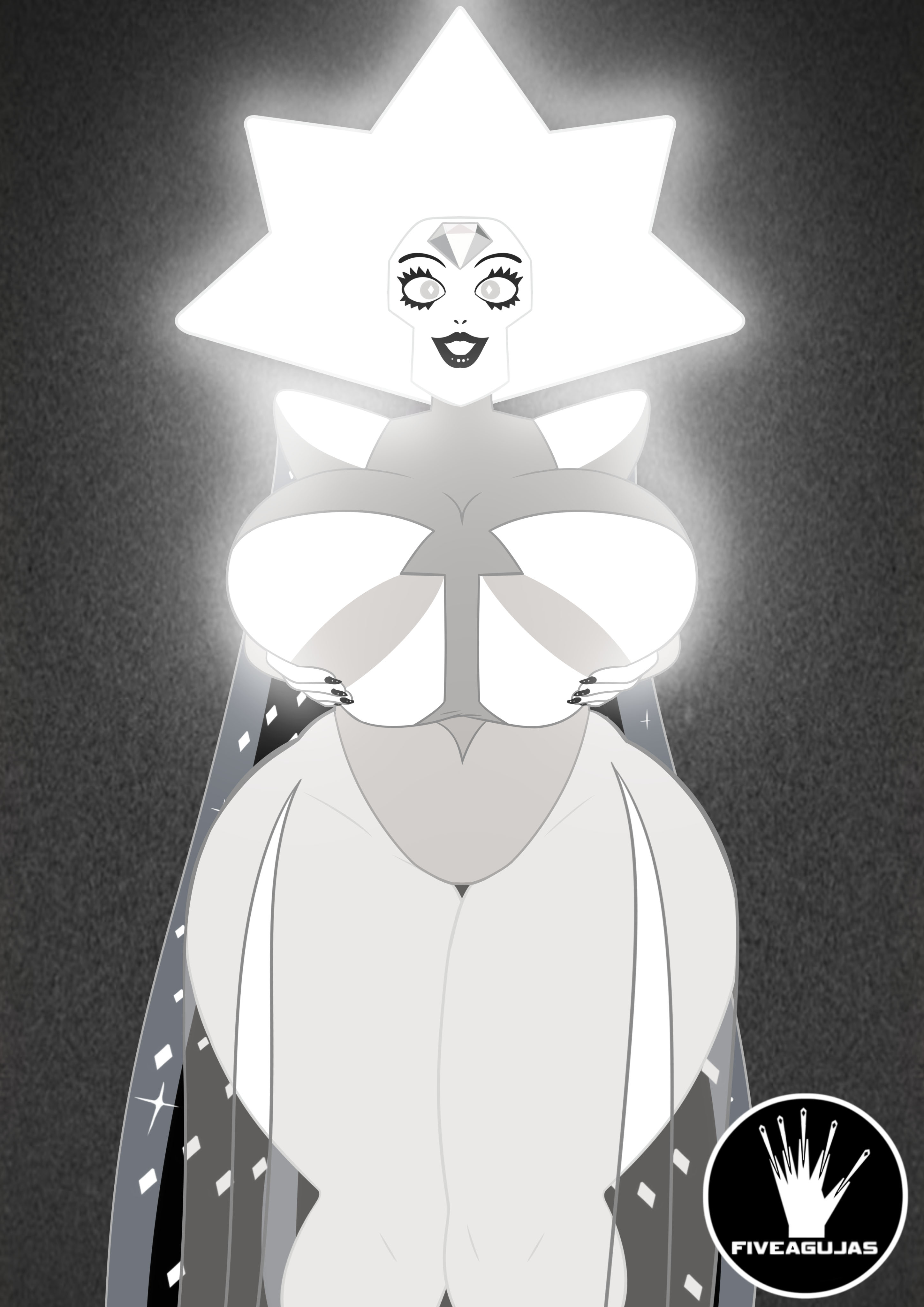 1girls, big breasts, cartoon network, cleavage, curvy, dark background, diamond authority, dominant female, elegant, female, fiveagujas, gem (species), glowing, glowing aura, glowing eyes, hands on hips, hourglass figure, huge breasts, long legs, looking at viewer, partial clothing, seductive, smirk, solo female, steven universe, tall girl, thick thighs, thigh gap, thighhighs, voluptuous, white diamond (steven universe), white hair, white skin, wide hips