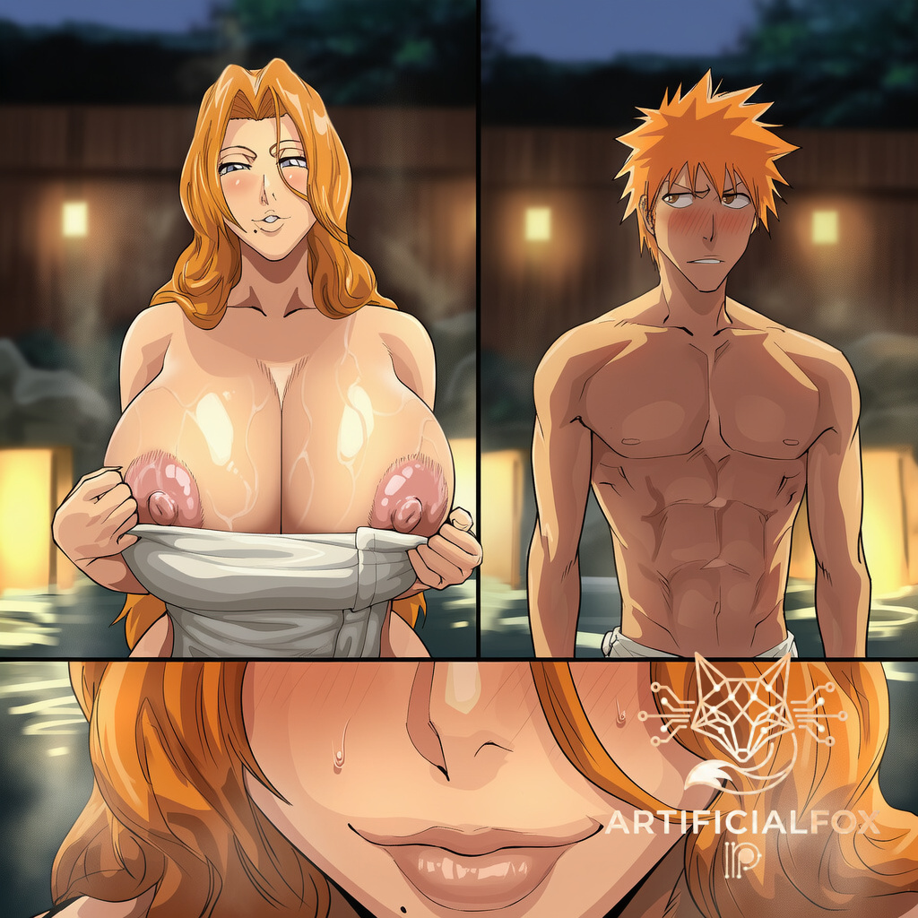 1boy, 1girls, ai generated, artificialfox, bleach, close-up, comic, female, hot spring, ichigo kurosaki, light-skinned female, light-skinned male, lustful gaze, male, matsumoto rangiku, mouth, muscles, nipples, rangiku matsumoto, towel