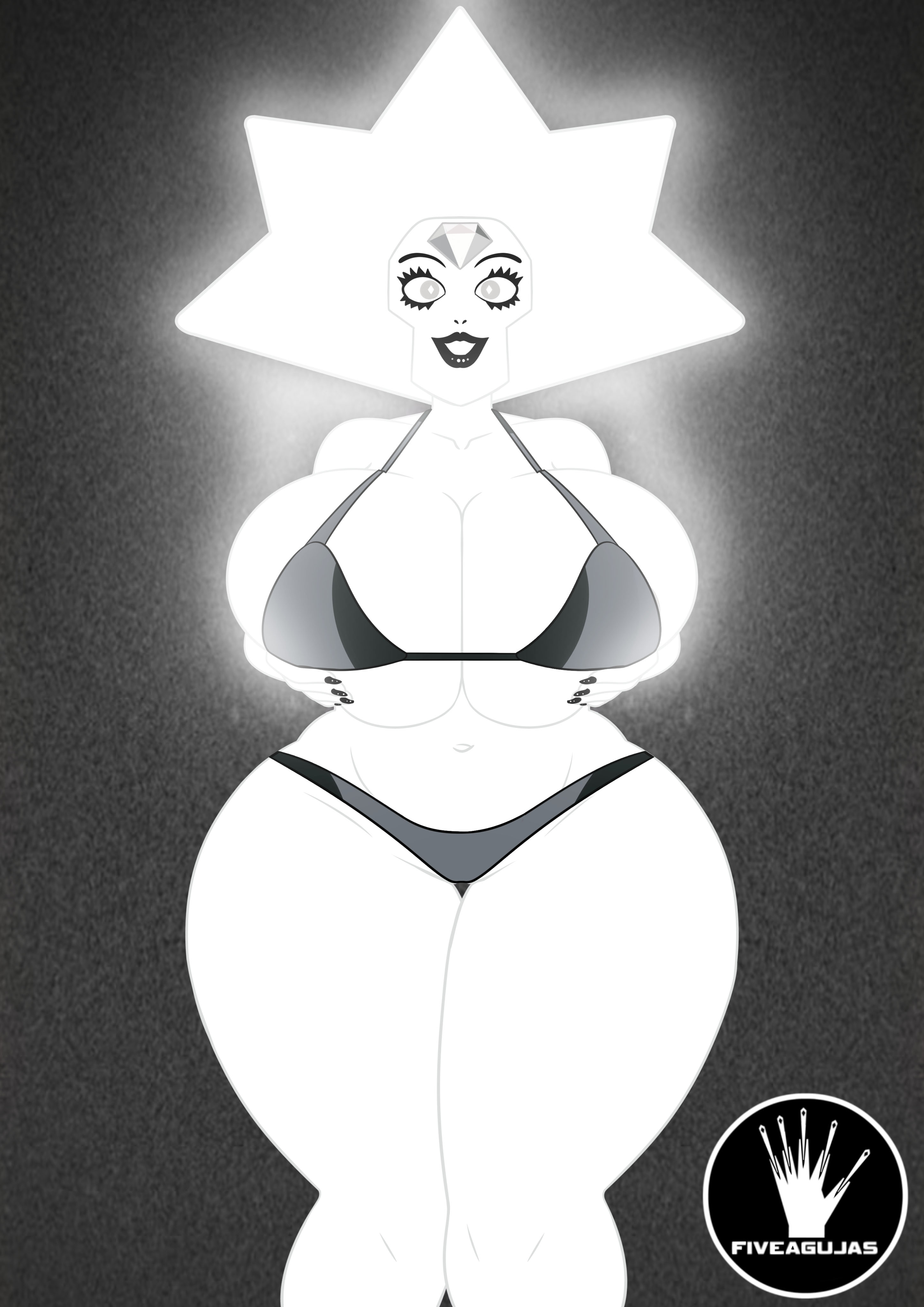1girls, big breasts, bikini, black bikini, cartoon network, cleavage, curvy, dark background, diamond authority, dominant female, elegant, fiveagujas, gem (species), glowing, glowing aura, glowing eyes, hourglass figure, huge breasts, long legs, looking at viewer, micro bikini, seductive, smirk, solo female, steven universe, tall girl, thick thighs, thigh gap, thong, voluptuous, white diamond (steven universe), white hair, white skin, wide hips