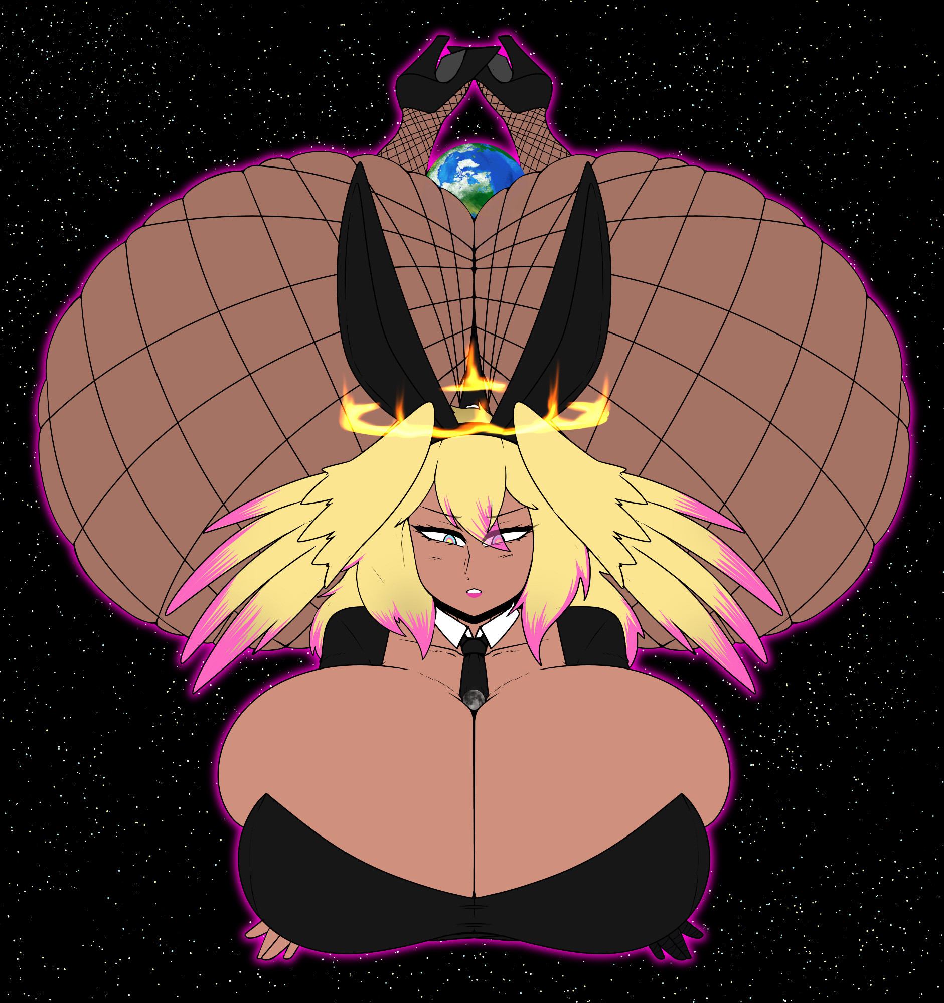1girls, ass bigger than head, ass bigger than planet, ass bigger than torso, breasts bigger than head, breasts bigger than planet, enormous breasts, female, fishnets, giantess, hyper, hyper ass, hyper breasts, massive ass, planet between ass, rust and bolts, solo female, tagme