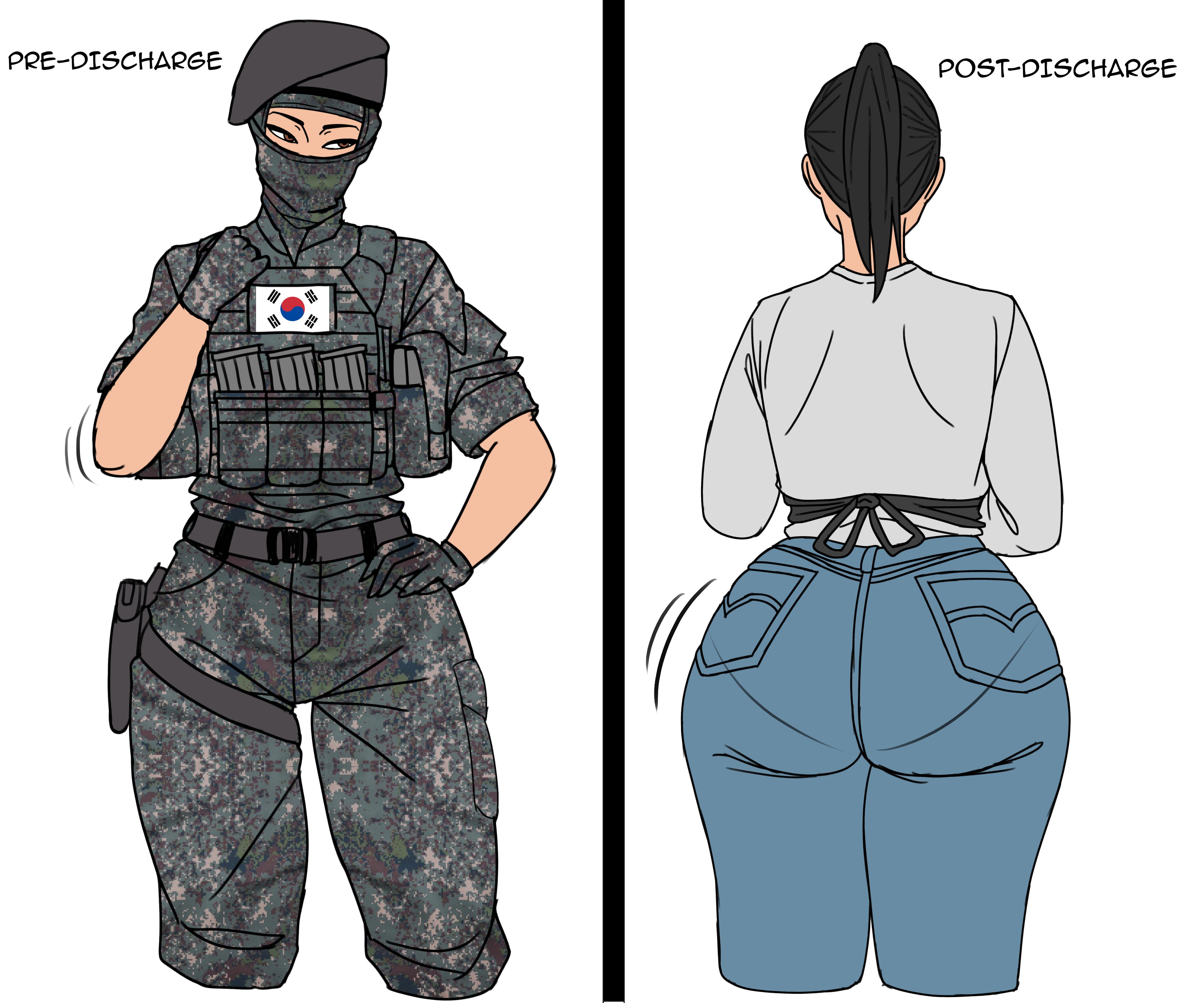 1girls, apron, asian, asian female, ass, big ass, black hair, bottom heavy, camo clothing, camo print, demon dog, facing away, fat ass, female, gloves, helmet, huge ass, jeans, korean, korean female, mask, military uniform, original, original character, pantylines, ponytail, shirt, soldier, soldier uniform, text, thick thighs, underwear outline, white background, wide hips
