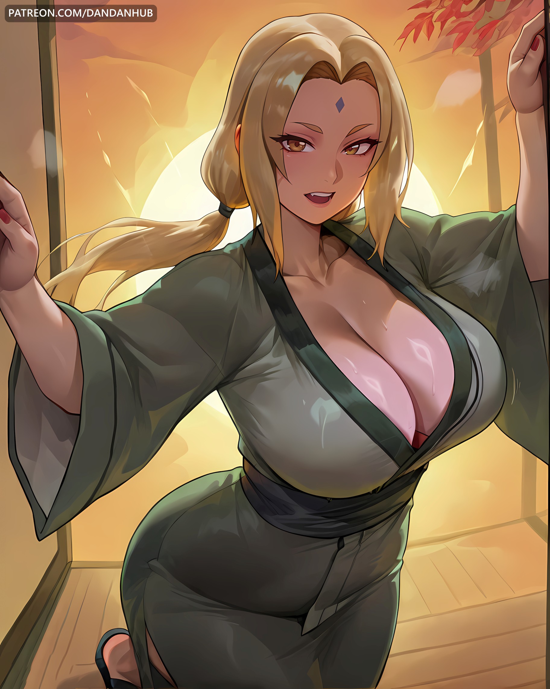 ai generated, blonde hair, boruto: naruto next generations, breasts, cleavage, collarbone, curvy, dandanhub, facial mark, female, female only, forehead mark, japanese clothes, kimono, large breasts, long hair, long sleeves, looking at viewer, mature female, nail polish, naruto, naruto (series), naruto shippuden, open mouth, patreon username, red nails, sash, solo, sweat, tsunade, wide sleeves, wooden floor, yellow eyes