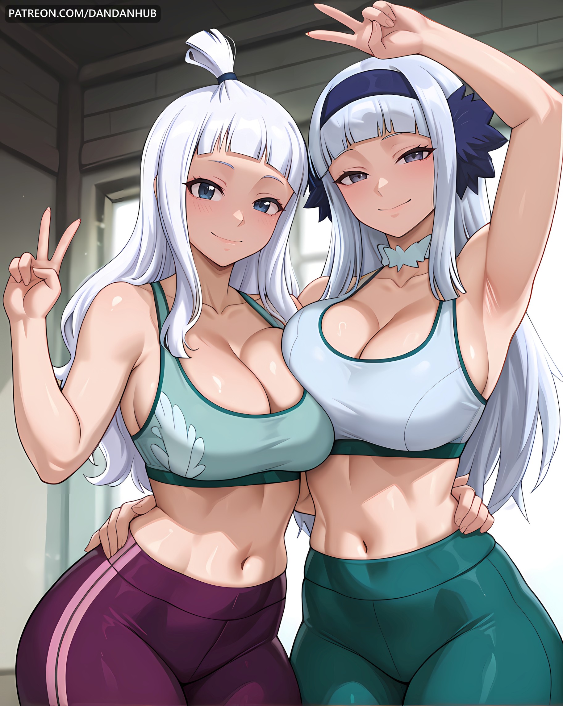 2girls, ai generated, angel (fairy tail), arm around waist, arm up, armpits, asymmetrical docking, bangs, bare shoulders, blue eyes, blunt bangs, blush, breast press, breasts, choker, cleavage, closed mouth, collarbone, dandanhub, fairy tail, female, female only, grey eyes, hairband, hand on another's hip, hand on another's waist, indoors, large breasts, long hair, looking at viewer, midriff, mirajane strauss, multiple girls, navel, pants, smile, sorano aguria, sports bra, stomach, v, web address, white hair, white-haired female, yoga pants
