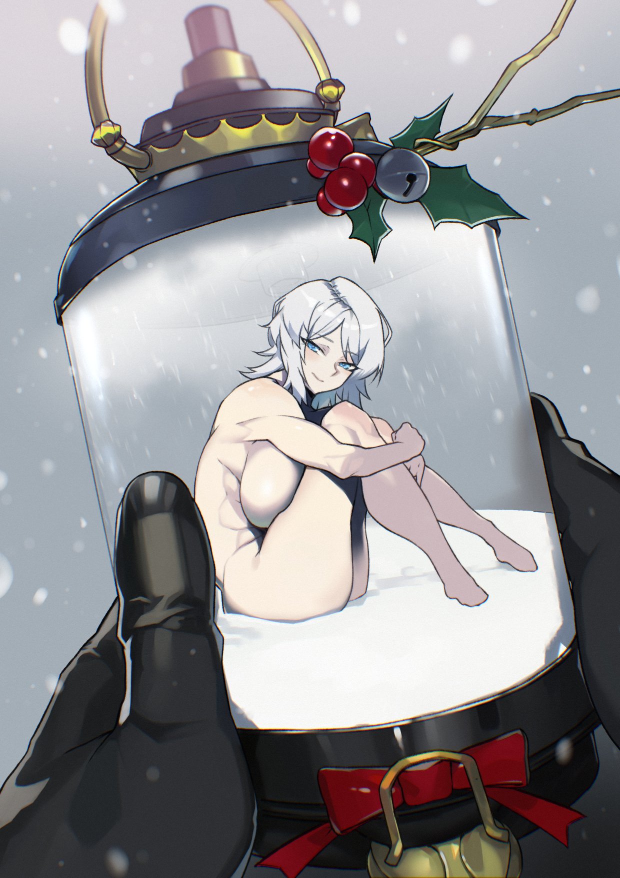 1girls, blue eyes, christmas, covering, faust (limbus company), from side, jar, large breasts, limbus company, medium hair, micro, micro female, mini person, nude, pale skin, project moon, sitting, snow, tresmarrow, white hair, winter