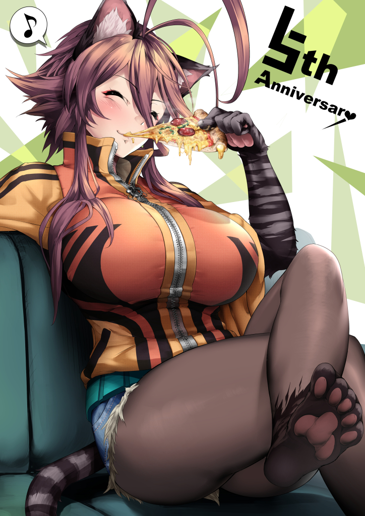 ahoge animal_ears anthro arashi_yagatake catgirl female food hotpants huge_breasts original sitting solo tail yagatake_arashi yana_(nekoarashi)