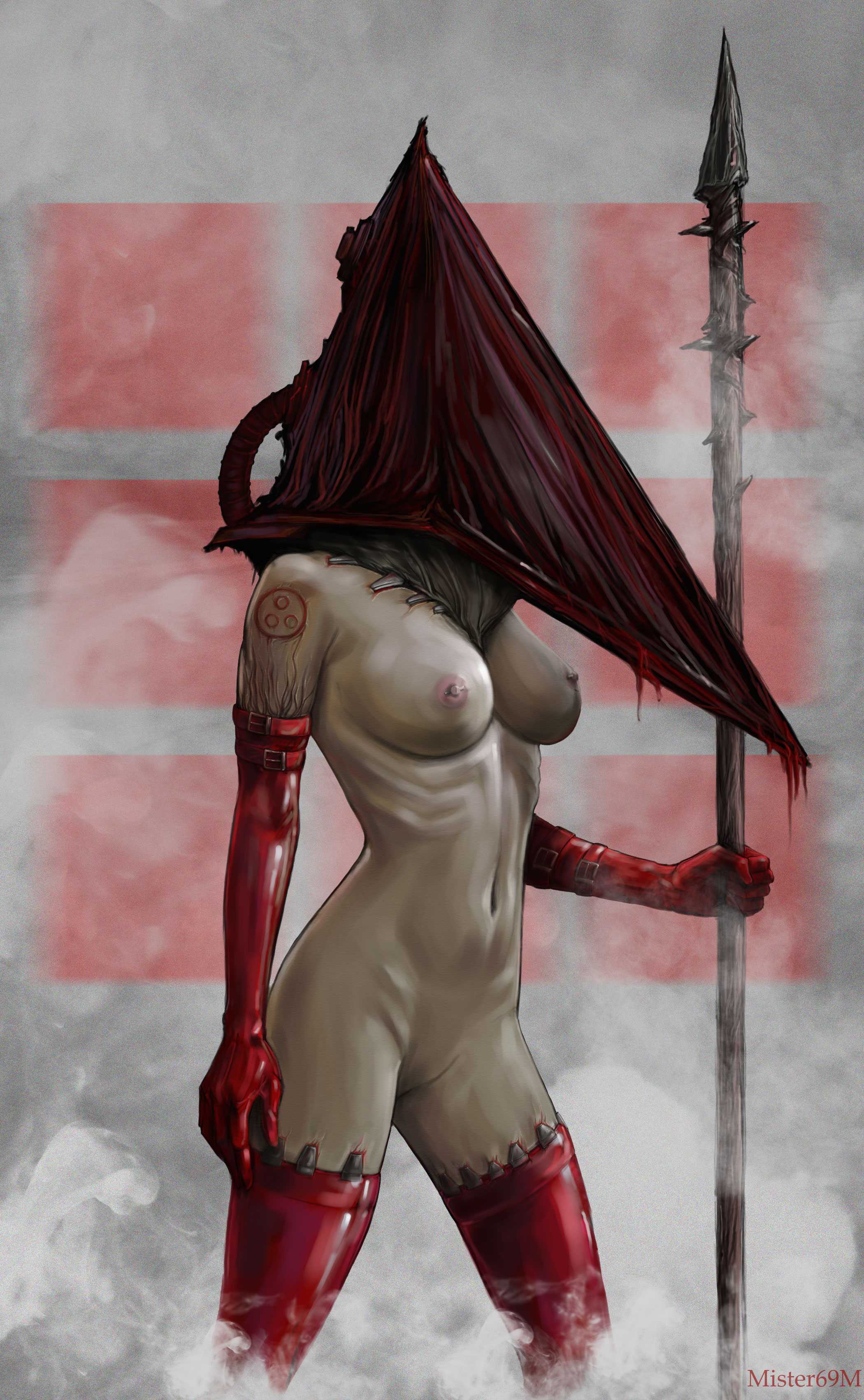 1girls, 2015, absurd res, arm tattoo, blood, breasts, elbow gloves, female, female pyramid head, fog, gloves, halo of the sun, headgear, helmet, humanoid, konami, large breasts, michael smirnov, mister69m, monster girl, navel, nipples, no pussy, nude, pale skin, pyramid head, red legwear, rule 63, silent hill, silent hill 2, slave mark, solo, spear, standing, tattoo, thighhighs, villainess, weapon