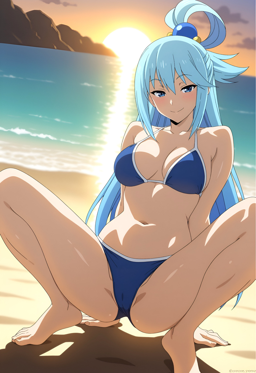 1girls, ai generated, aqua (konosuba), aqua hair, bikini, blue bikini, clothed, clothed female, duderu vanilla, female, female only, kono subarashii sekai ni shukufuku wo!, solo, swimsuit