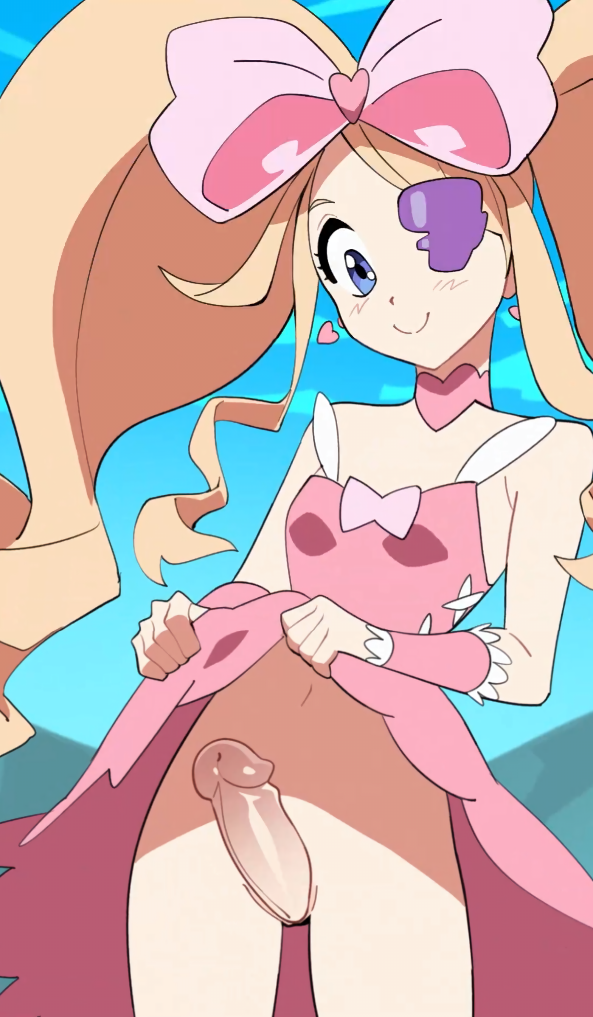 1futa, 2d, 2d (artwork), alternate version available, anime, anime style, armwear, belly button, blonde female, blonde hair, blonde-haired female, blue eyes, blush, blush lines, boner, bow, bow on head, circumcised, clitoral futa, colored, curvy hips, cute, cute face, dickgirl, dress, dress lift, earrings, edit, erection, eyelashes, eyepatch, floating earrings, futanari, hair, hair tied, hairbow, happy, hard cock, hard on, harime nui, hips, image, kill la kill, lifting dress, lifting own clothes, lifting skirt, light-skinned female, long hair, long pigtails, love heart, medium penis, neckwear, no balls, offscreen character, offscreen female, one eye covered, one eye obstructed, parody, penis, perfect girl, perfect girl smile, pink bow, pink dress, revealing penis, screenshot, shiny penis, smile, smiling, standing, stitched, stomach, suoiresnu, thick eyelashes, tied hair, vertical image, watermark removed, white skin