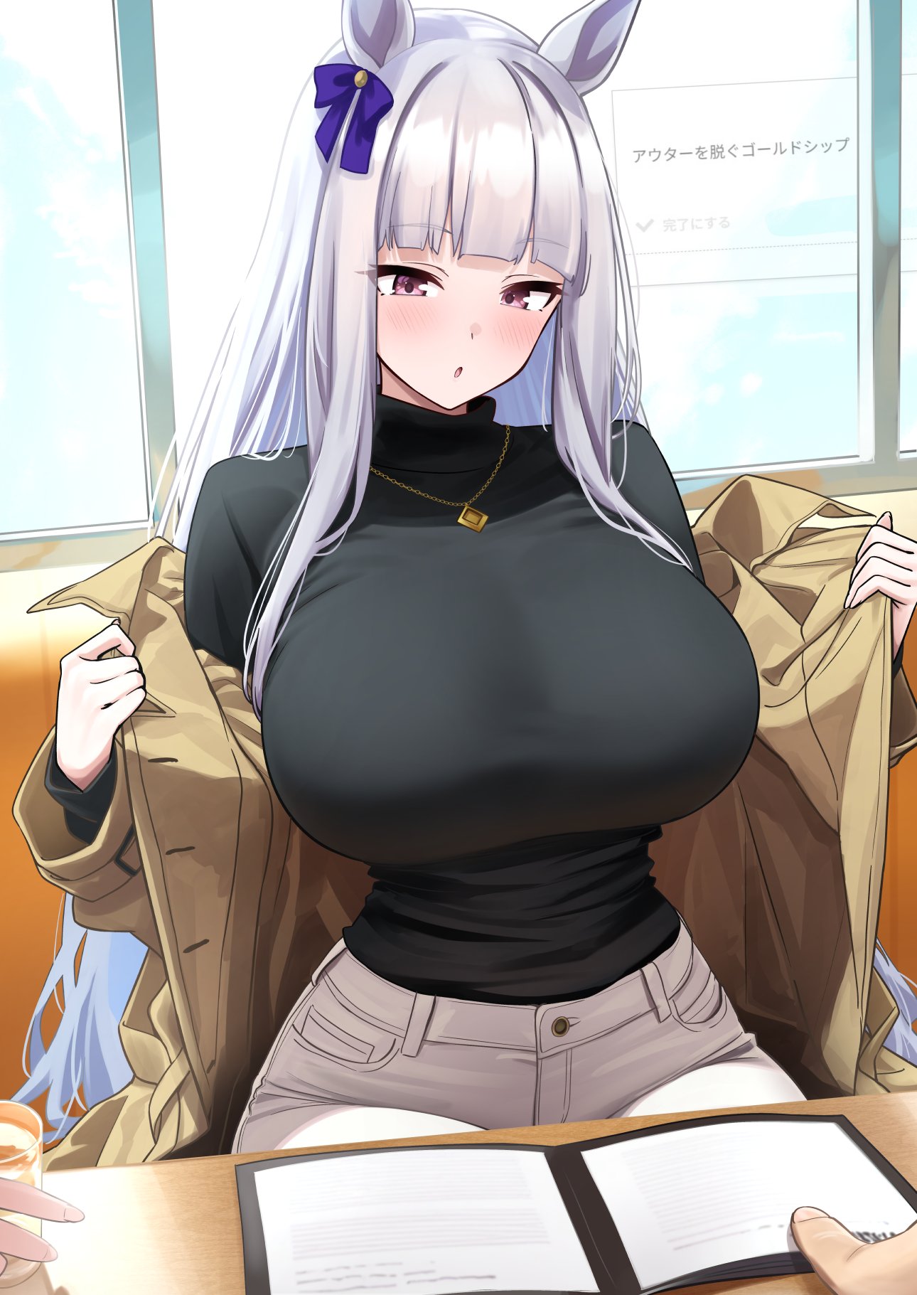 :o, 1other, alternate breast size (larger), alternate costume, animal ears, black sweater, blue bow, blunt bangs, blush, bow, breasts, brown coat, coat, commentary request, couch, ear bow, ear ornament, female, gold necklace, gold ship (umamusume), grey hair, hair down, herohero (higashi no dou), highres, horse ears, horse girl, horse tail, huge breasts, jewelry, long hair, long sleeves, looking down, necklace, on couch, open clothes, open coat, open mouth, opened by self, pants, paper, pov, pov hands, purple eyes, sitting, sweater, tail, tight clothes, turtleneck, turtleneck sweater, umamusume, white pants