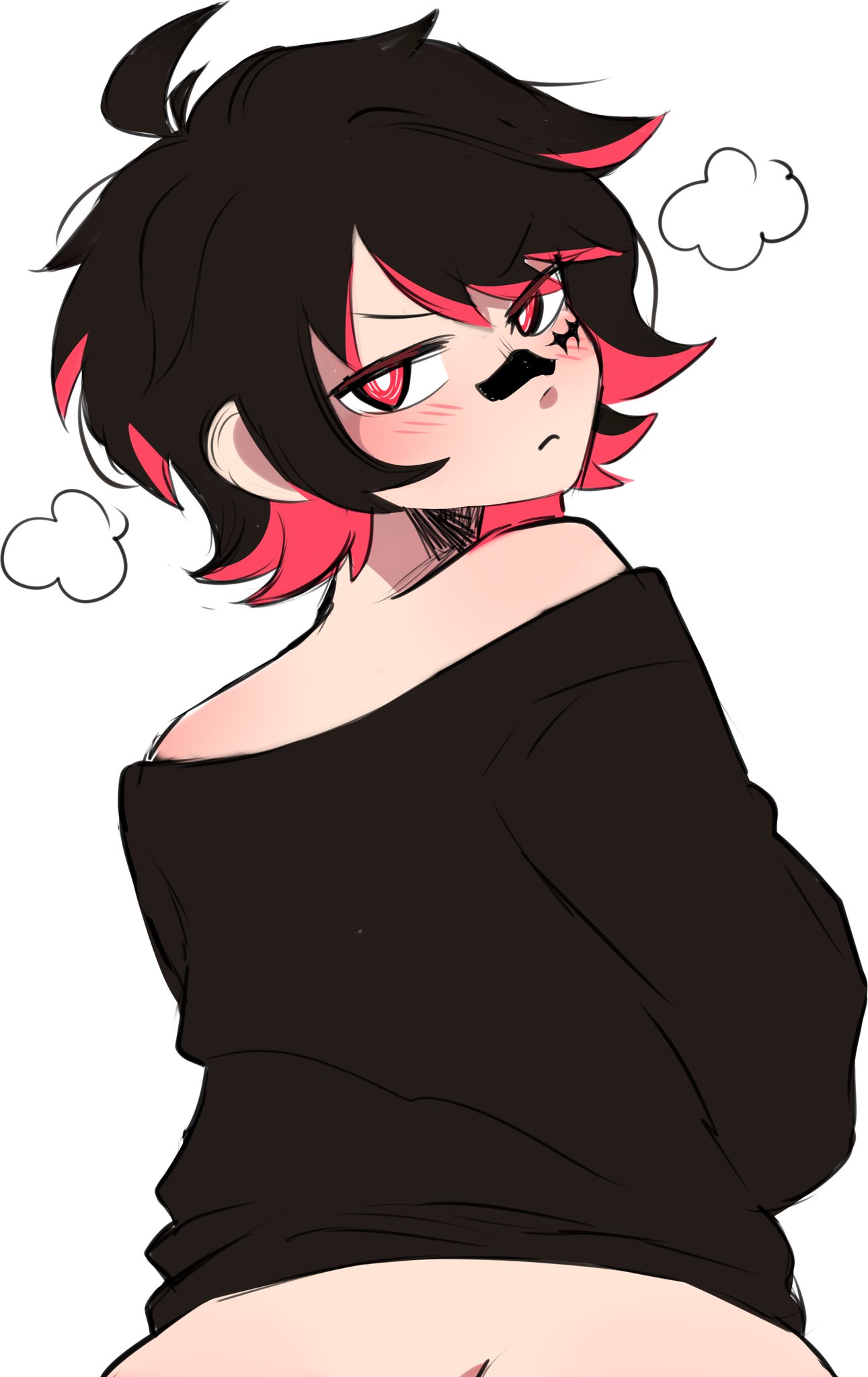 1boy, black hair, black outfit, blush, censored, evilnavyy, femboy, gay, naked, naked male, nude, nude male, red eyes, red hair, sex, sexy, sexy body, shizavt, yaoi