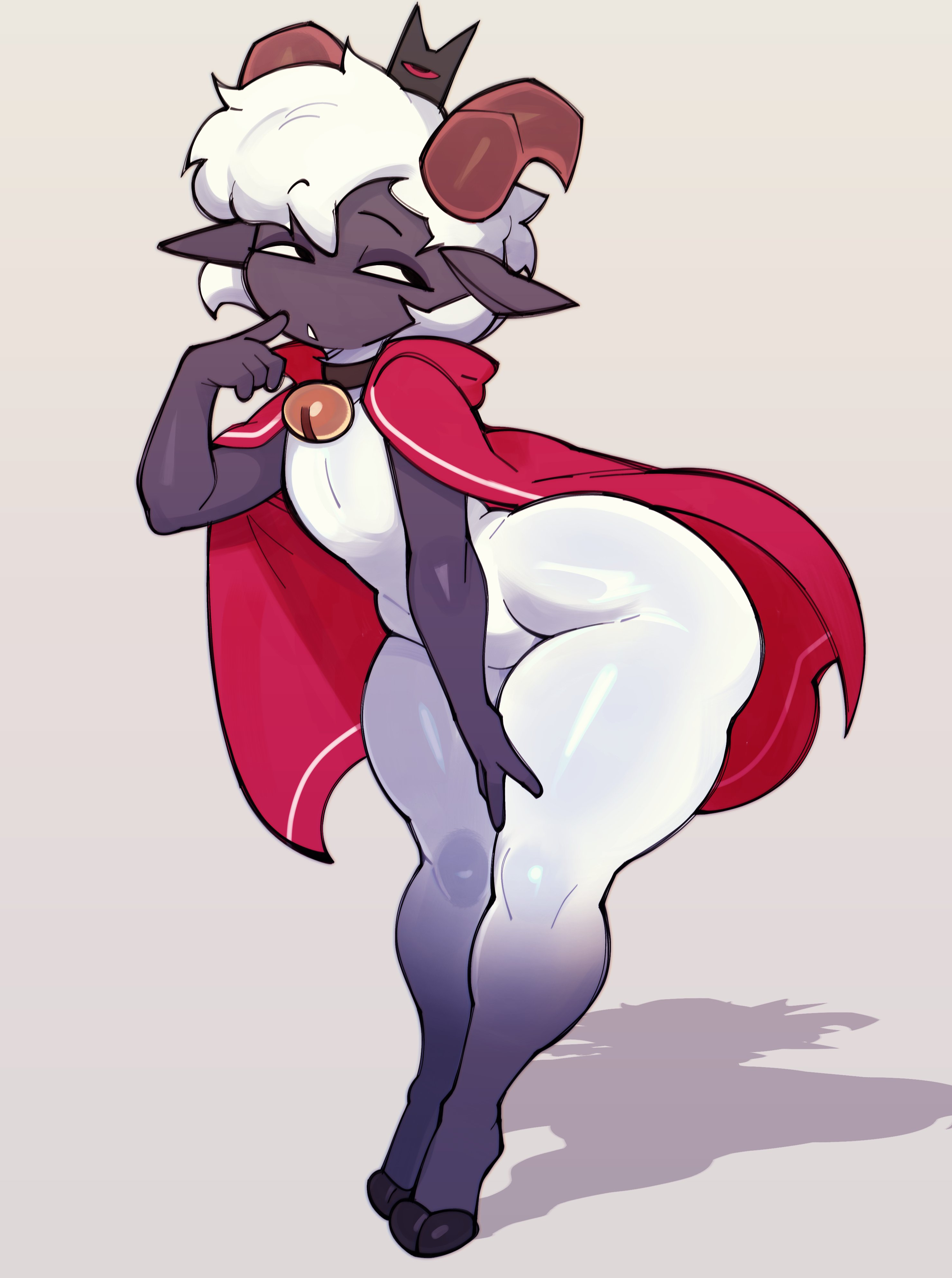 anthro, ass, bell collar, cape, chantiyi, chantiyii, choker, cult of the lamb, female anthro, female focus, female only, flat chest, furry, horns, lamb, lamb (cult of the lamb), leaning forward, slim, slim female, solo, solo focus, thick ass, thick thighs, white fur