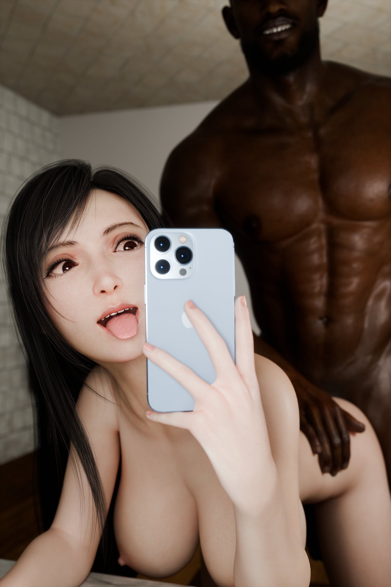 1boy, 1girls, 3d, 3d (artwork), african male, asian, asian female, black hair, completely nude, completely nude female, completely nude male, dark skin, dark-skinned male, derpderp, doggy style, final fantasy, final fantasy vii, final fantasy vii remake, grabbing ass, huge breasts, interracial, large breasts, light-skinned female, nipples, nude, nude female, nude male, phone in hand, posing, posing for picture, recording on phone, red eyes, sex, smiling male, square enix, straight sex, tifa lockhart, tongue, tongue out, uncensored