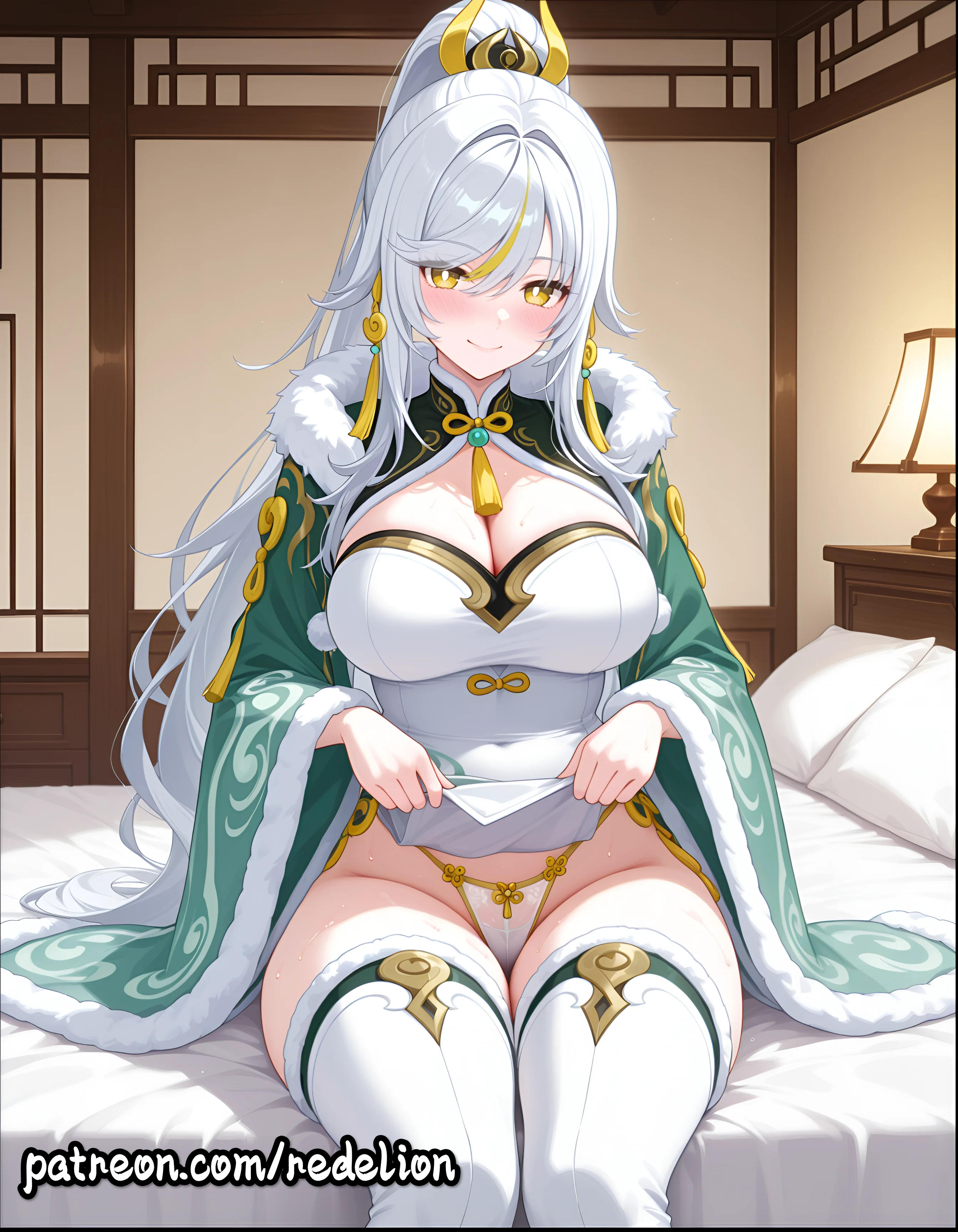 1girls, ai generated, bedroom, bedroom background, bedroom eyes, bedroom setting, big ass, big breasts, blush, blush lines, blushing at viewer, blushing female, bright pupils, chinese clothes, clothed, clothed female, curvaceous, curvaceous body, curvaceous female, curvaceous figure, curvaceous hips, curvaceous thighs, curvy, curvy body, curvy female, curvy figure, curvy hips, curvy thighs, female, female focus, female human, genshin impact, glistening, glistening body, glistening breasts, glistening eyes, glistening hair, glistening skin, high ponytail, hoyoverse, jewelry, large breasts, legs apart, legs spread, lifting, lifting own clothes, lifting skirt, light skin, light-skinned female, long hair, looking at viewer, mature, mature female, mature woman, mihoyo, navel, on bed, panties, pillow, ponytail, redelion, seducing, seduction, seductive, seductive body, seductive eyes, seductive gaze, seductive look, seductive mouth, seductive pose, seductive smile, showing panties, sitting, sitting on bed, tassel, tassel earrings, tassel hair ornament, thick, thick ass, thick hips, thick legs, thick lips, thick penis, thick thighs, transparent clothing, white fur, white hair, white panties, white pupils, yellow eyes, zibai (genshin impact)