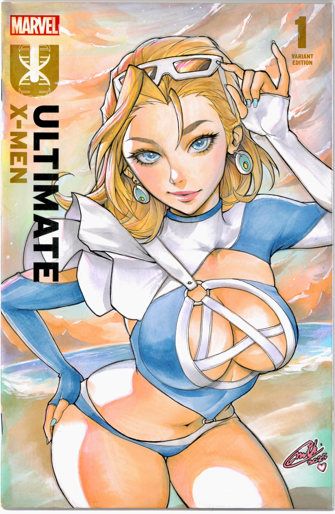 1girls, blonde female, blonde hair, blue eyes, blue swimsuit, breasts, comic cover, exposed breasts, fantastic four, invisible woman, invisible woman (azure shade), invisible woman (marvel rivals), marvel, marvel comics, marvel rivals, sue richards, sue storm, sunglasses, sunglasses on head, swimsuit