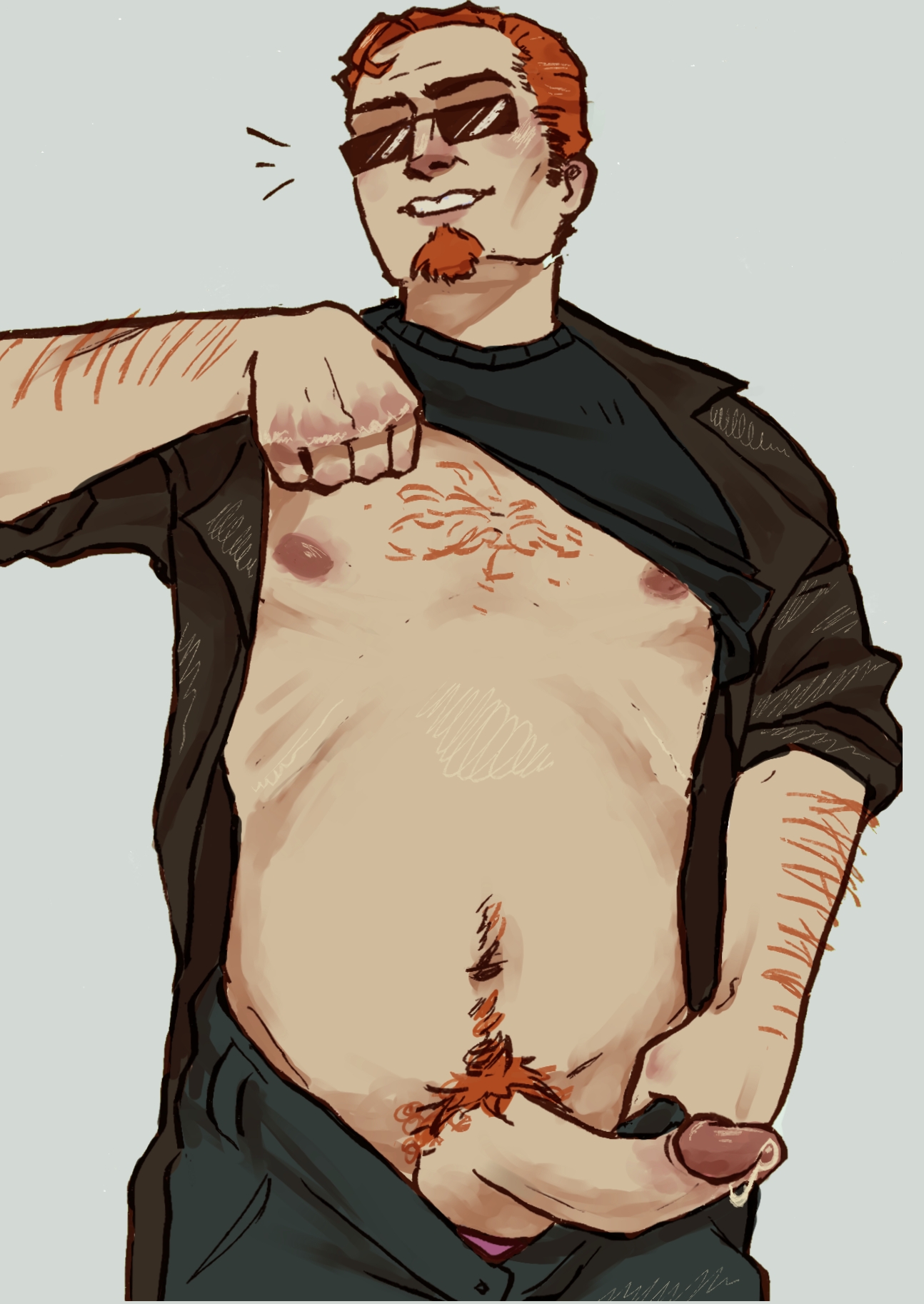 2d (artwork), beard, big penis, body hair, chest hair, flashing, ginger, ginger male, ginger pubic hair, goatee, hard on, lifted shirt, lifting shirt, male, older male, postal (series), postal dude, precum, precum drip, proud of his cock, pubic hair, pulling down pants, solo, solo male, sunglasses, w33dsw3at