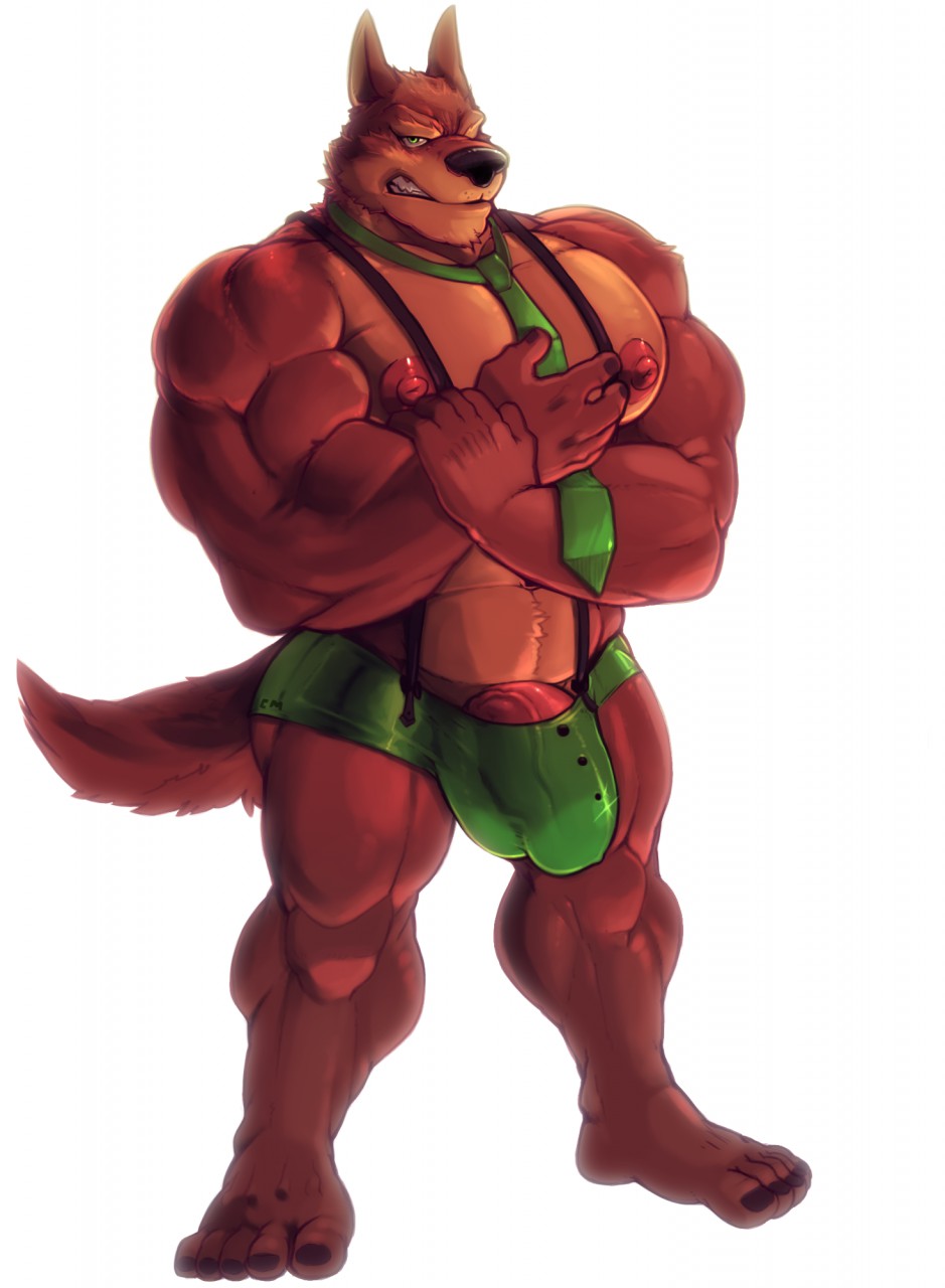 1boy anthro bamwuff biceps bulge canine clothing cursedmarked looking_at_viewer male male_only mammal muscles necktie nipples pecs penis solo standing underwear vein wolf