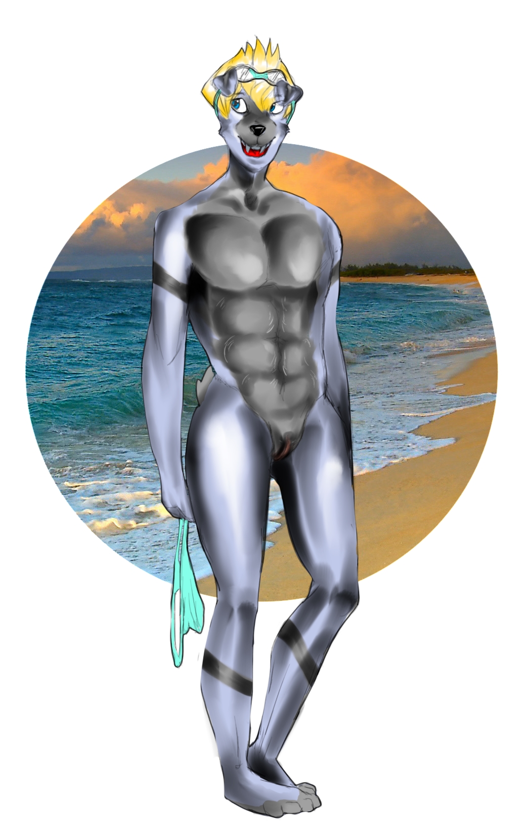 2015 anthro beach blonde_hair bubbleboy canine clothing cuntboy eyewear goggles hair heli intersex mammal nude pussy seaside solo speedo swimsuit water