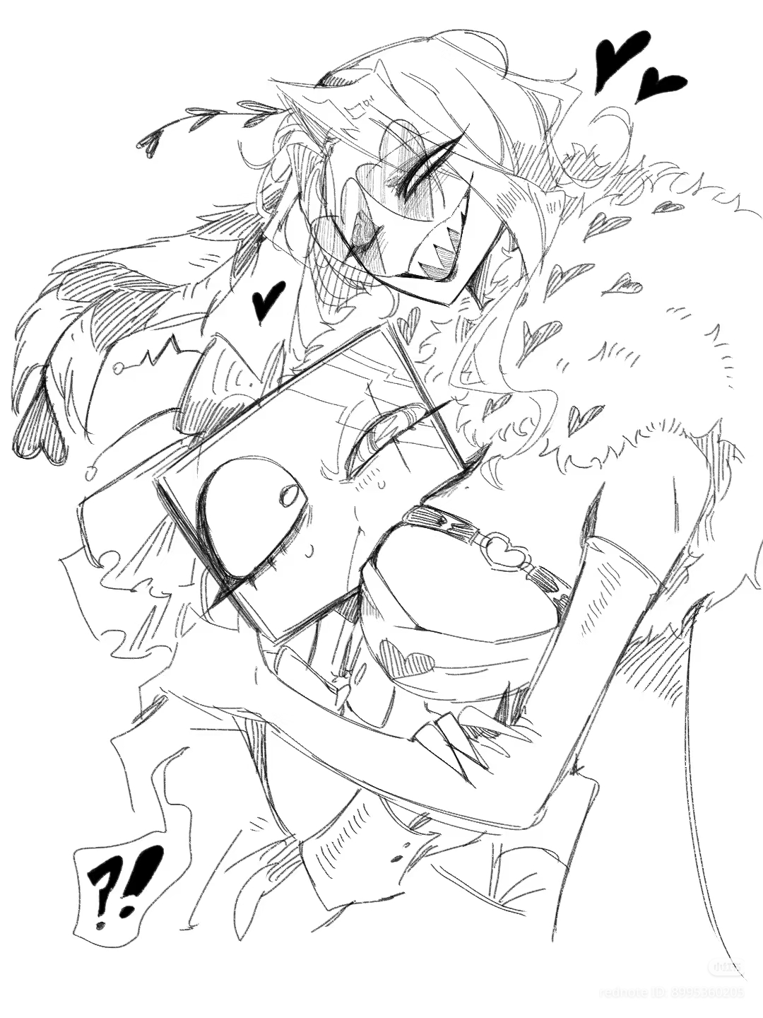 2girls, claws, clothing, female, female only, glasses, hat, hazbin hotel, heart symbol, hellaverse, pupilless eyes, rule 63, sharp teeth, shocked, simple background, sketch, smile, valentino (hazbin hotel), vox (hazbin hotel), yuri