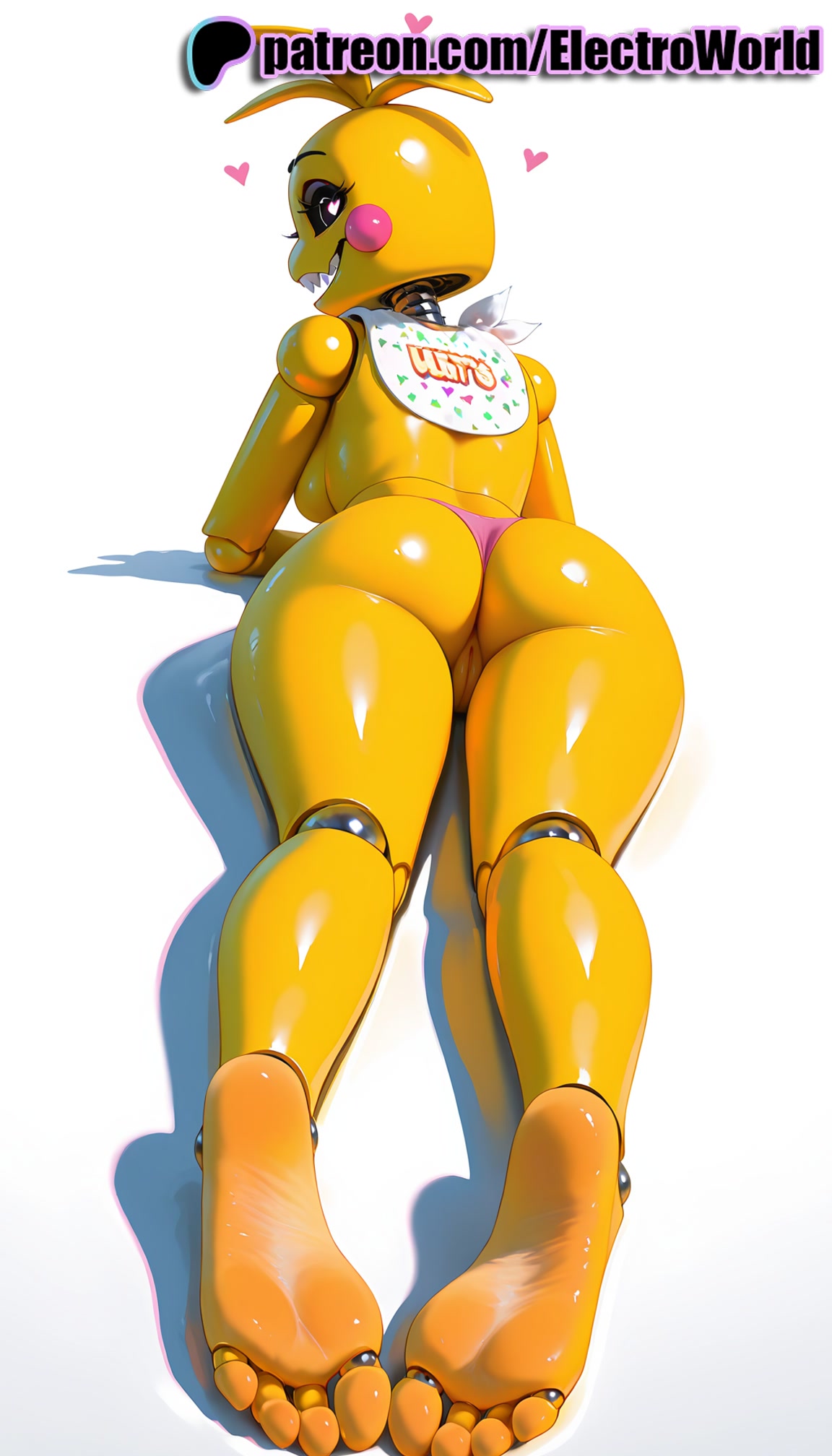 1girls, 2025, ai generated, artist name, ass, barefoot, electroworld, feet, feet fetish, female, five nights at freddy's, fnaf, foot fetish, foot focus, heart, hi res, high quality, high resolution, highres, patreon, patreon username, shiny, soles, solo, stable diffusion, toe scrunch, toenail polish, toenails, toes, toy chica (fnaf), watermark