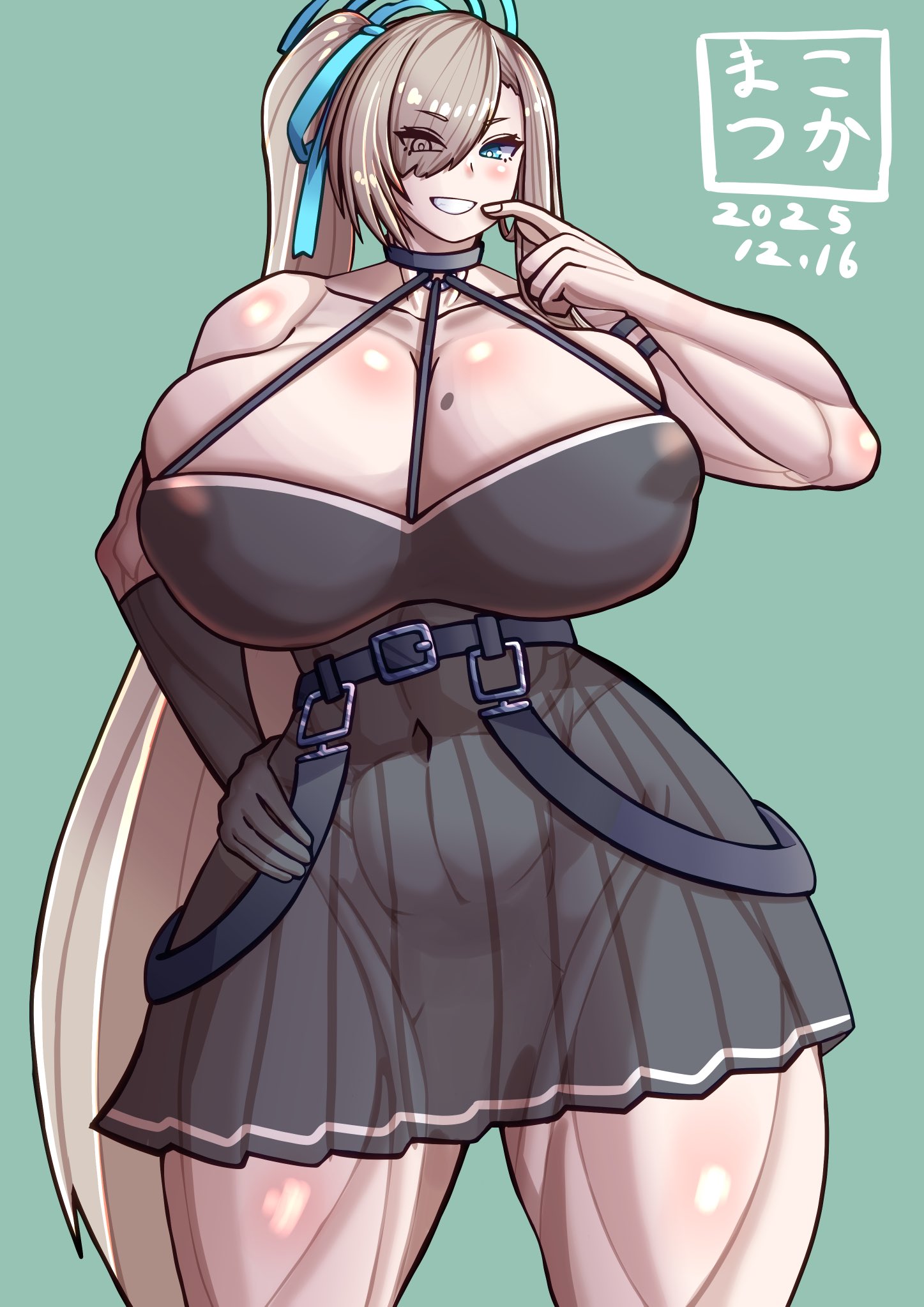 abs, asuna (blue archive), blonde hair, blue archive, blue eyes, cosplay, covered erect nipples, grin, hair over one eye, huge breasts, muscular, muscular female, navel, smile, sousou no frieren, standing, thick thighs, ubel (sousou no frieren) (cosplay), wide hips