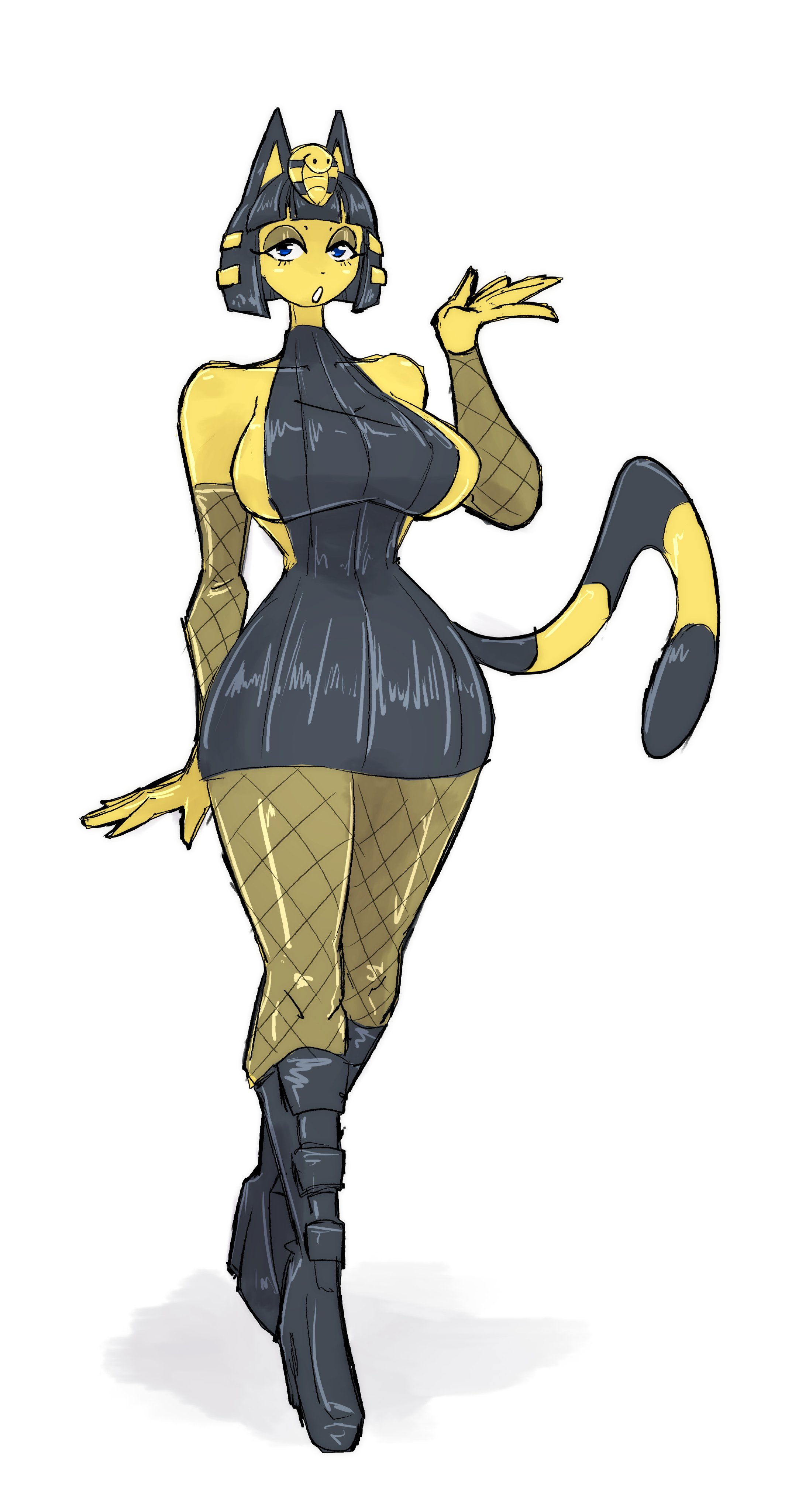 animal crossing, ankha, ankha (animal crossing), anthro, bangs, big breasts, black eyeliner, blue eyes, cat ears, cat tail, catgirl, female, fishnets, furry, furry female, goth, goth ankha, goth girl, high heels, long tail, looking at viewer, mokkoyu, nintendo, thick thighs, white background, yellow fur