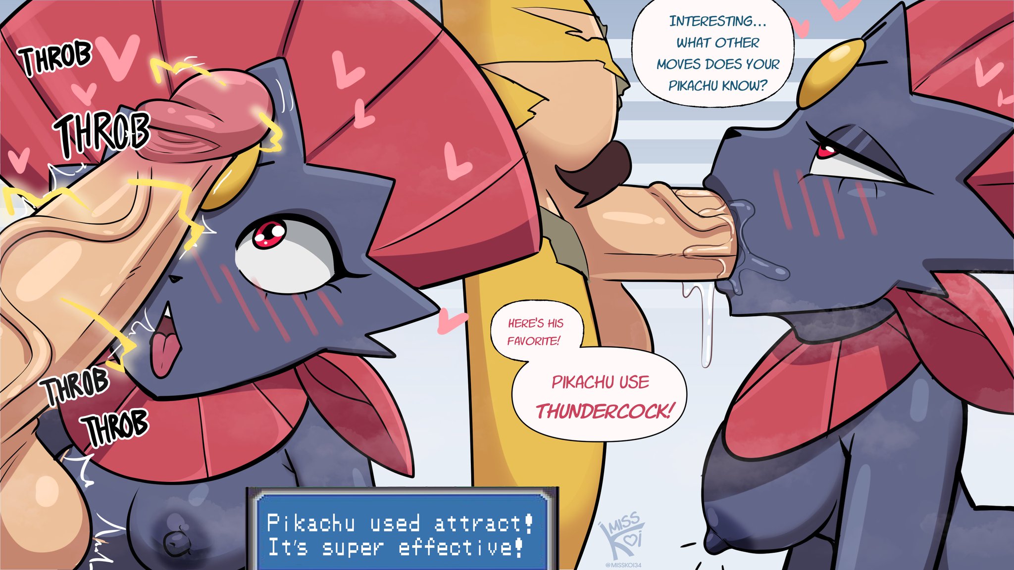 1boy, 1girls, anthro, anthro on anthro, balls, big penis, black fur, blowjob, breasts, cosplay, costume, crossover, dialogue, duo, erect nipples, erection, eyelashes, faceless male, female, female focus, furry, furry female, furry male, furry only, genitals, gigantic penis, heart, huge cock, humanoid genitalia, humanoid penis, interspecies, light skin, light-skinned male, looking at penis, luigi, male, male/female, mammal, mario (series), mature, mature female, mature male, misskoi, nintendo, nipples, open mouth, oral, oral sex, penis, penis in mouth, pikachu (cosplay), pokemon, pokemon (species), pokemon move, pokephilia, pubic hair, red eyes, saliva, sex, straight, straight sex, testicles, text, text bubble, tongue, tongue out, unseen male face, weavile, yellow fur
