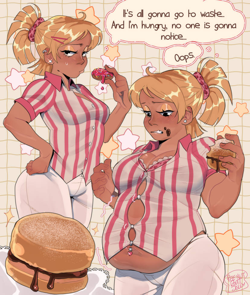 1girls, ass expansion, belly expansion, big ass, big belly, big breasts, blonde female, blonde hair, bonnie (peenutbuttjelly), breast expansion, button gap, dark skin, dark-skinned female, dialogue, expansion, fat, female, food, food on face, medium ass, navel, peenutbuttjelly, small breasts, tagme, thin waist, weight gain, wide hips