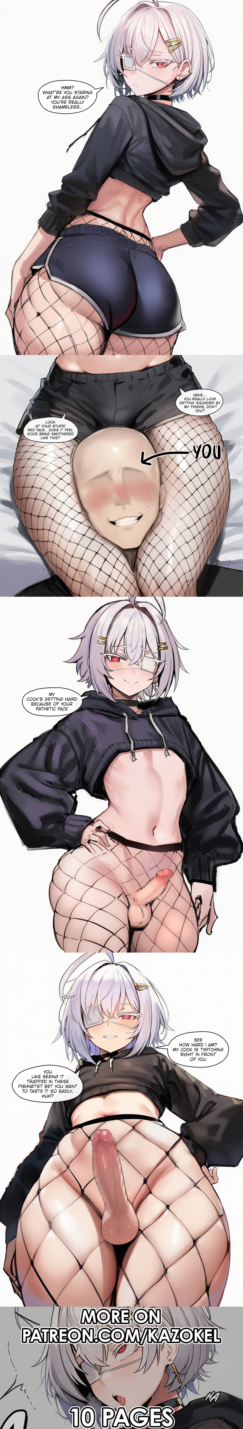 2boys, ahoge, ai generated, balls, blush, colored eyelashes, comic, crossdressing, crossdressing male, curvy body, curvy figure, curvy hips, curvy thighs, dolphin, english, english dialogue, english text, erect cock, erect penis, eyepatch, femboy, femboy focus, femboydom, feminine male, fishnet, fishnet legwear, fishnet pantyhose, fishnets, gay, gay sex, girly clothing, girly hair, hard cock, head squeeze, kazokel, long eyelashes, male, male focus, male only, male/male, nude, original, original character, otoko no ko, otokonoko, penis, pleasure face, red eyes, small male, small penis, smaller male, smug, submissive, submissive male, sweat, text, thick, thick hips, thick thighs, thigh squeeze, thigh squish, thighs, trap, twink, vanilla, waifu, white eyelashes, white hair