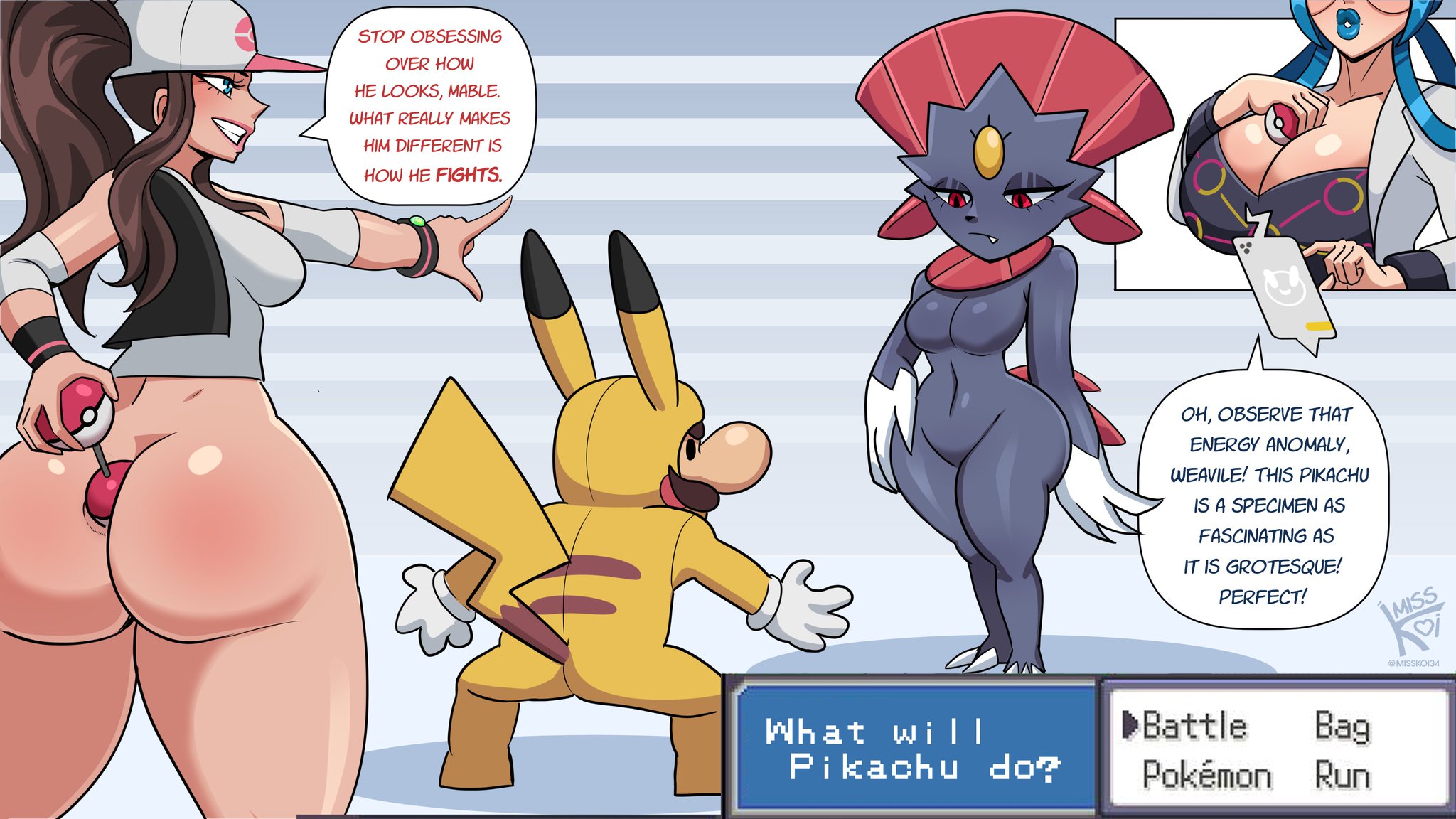 1boy, 3girls, anthro, ass, beads, beads (sex toy), big ass, big breasts, black fur, blue hair, blue lipstick, bottomless, bottomless female, breasts, brown hair, cleavage, clothing, cosplay, costume, crossover, dat ass, dialogue, fat ass, female, fur, furry, furry female, gloves, hat, hilda (pokemon), huge ass, huge breasts, human, large ass, large breasts, light skin, light-skinned female, lipstick, long hair, luigi, mable (pokemon legends: z-a), mable (pokemon), male, male/female, mammal, manyula, mario (series), mature, mature female, mature male, misskoi, momiji (pokemon legends: z-a), momiji (pokemon), multiple girls, nintendo, no panties, no pants, open mouth, pikachu (cosplay), pokeball, pokemon, pokemon (species), pokemon battle, pokemon bw, pokemon legends: z-a, ponytail, red eyes, shirt, small breasts, tail, text, text bubble, thick ass, touko (pokemon), voluptuous, voluptuous female, weavile, white gloves, yellow fur