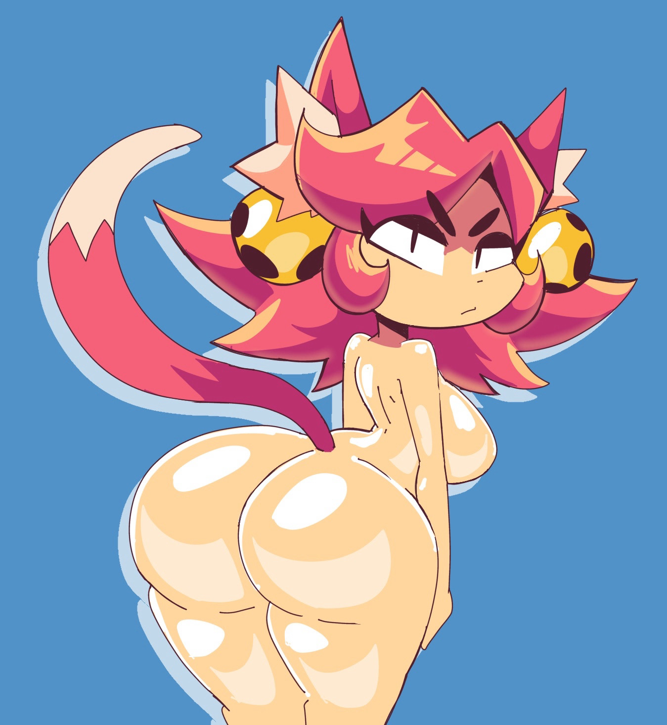 1girls, 2d, 2d artwork, annoyed, annoyed expression, annoyed face, ass, bells, big ass, butt focus, buttocks, cat ears, cat girl, cat tail, catgirl, female, female only, looking at viewer, mad mew mew, magical girl, naked, nude, pink ears, pink hair, pink tail, simple background, tomfooleryarts, trans woman, transfem, undertale, undertale (series)