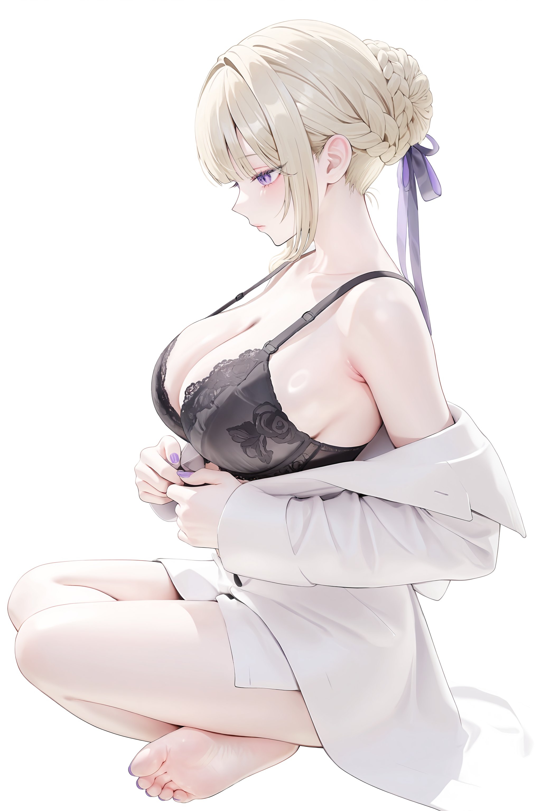 1girls, ai generated, black bra, blonde hair, evelyn chevalier, from side, large breasts, sitting, z pishi, zenless zone zero