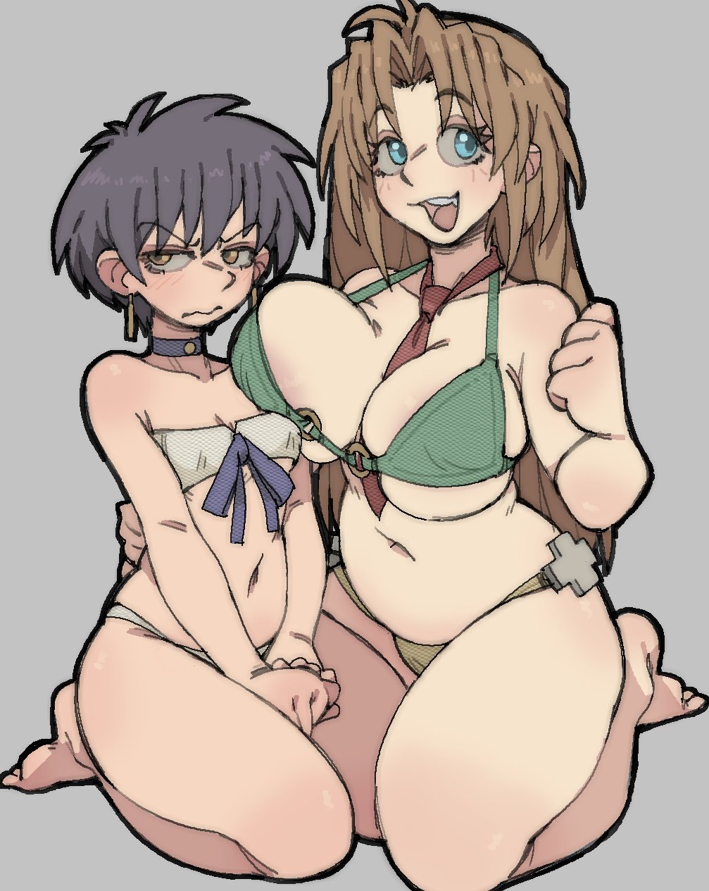 2025, 2d, 2girls, amlogamer, big breasts, bikini, bikini bottom, bikini top, black hair, blue eyes, breast press, dark blonde hair, earrings, embarrassed, embarrassed female, gray eyes, long hair, looking away, meryl stryfe, milly thompson, pantsu ripper, petite body, short hair, simple background, small breasts, smiley face, thumbs up, tie, trigun, two-piece swimsuit, very short hair