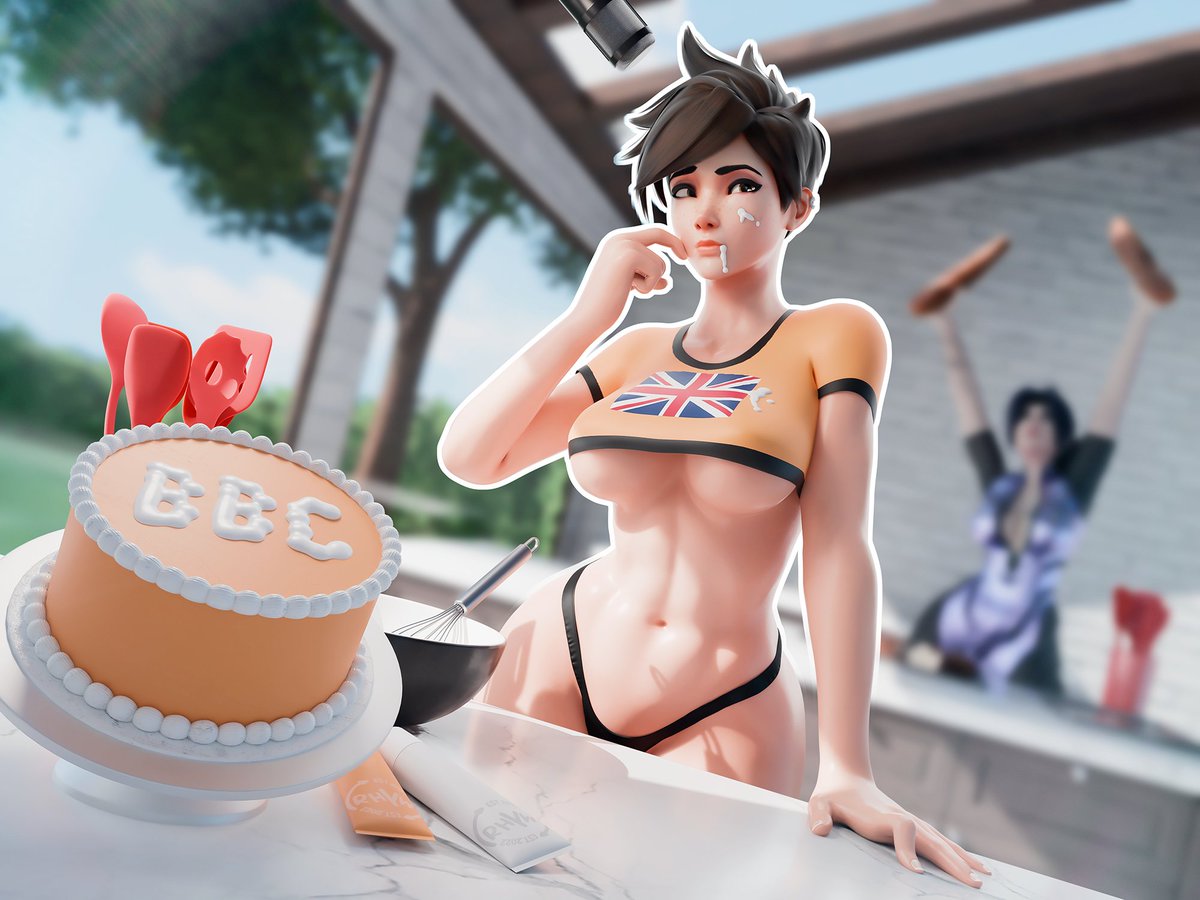 2girls, 3d, 3d (artwork), abs, alternate skin color, amelie lacroix, baguette, blurry background, british, british broadcasting corporation, british female, brown hair, cake, clothed, crop top, double entendre, eyeliner, food, food on face, frosting, frosting on face, lena oxton, light skin, light-skinned female, linea alba, medium breasts, micro panties, no pants, overwatch, pale skin, pale-skinned female, panties, rhywlad, sexually suggestive, solo focus, summer, the great british bakeoff, thick thighs, toned, toned female, tracer, underboob, union jack, widowmaker