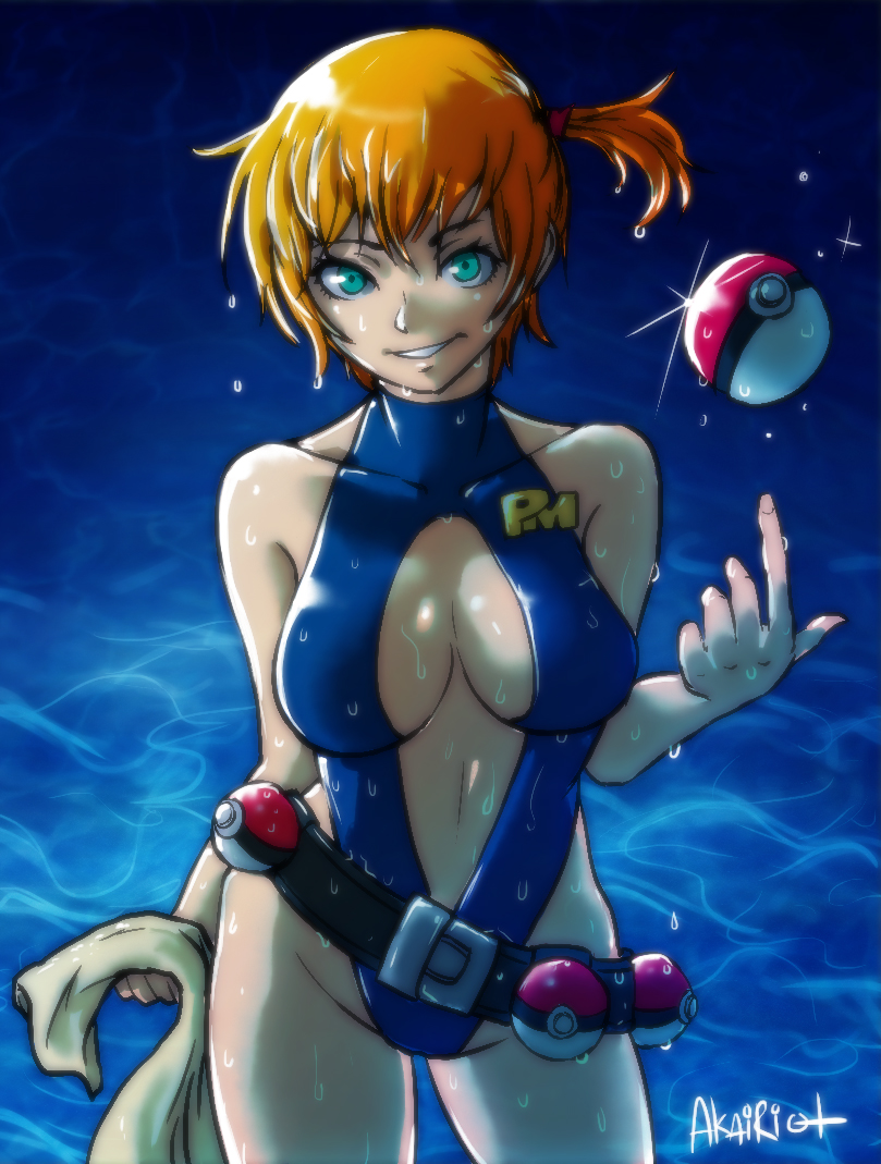 akairiot, aqua eyes, belt, blue eyes, breasts, cleavage, female, female only, human, human only, kasumi (pokemon), leotard, looking at viewer, nintendo, orange hair, poke ball, pokemon, short hair, smile, solo, standing, towel, waist poke ball, water, wet