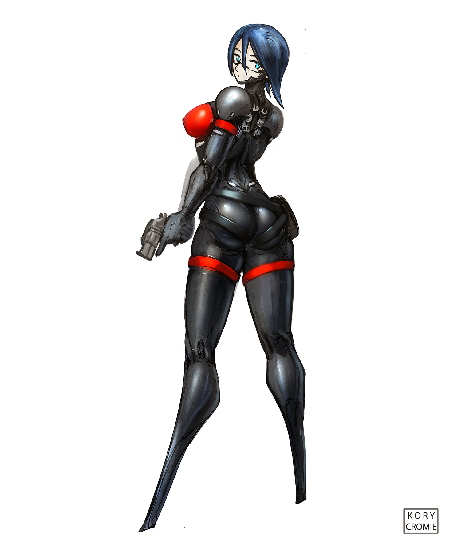 android, ass, blue hair, elster (signalis), female, female focus, female only, firearm, full body, fully clothed, gun, handgun, holding object, kory cromie, looking back at viewer, nonsexual, pale skin, revolver, robot, robot girl, signalis, skin tight, solo, watermark, weapon