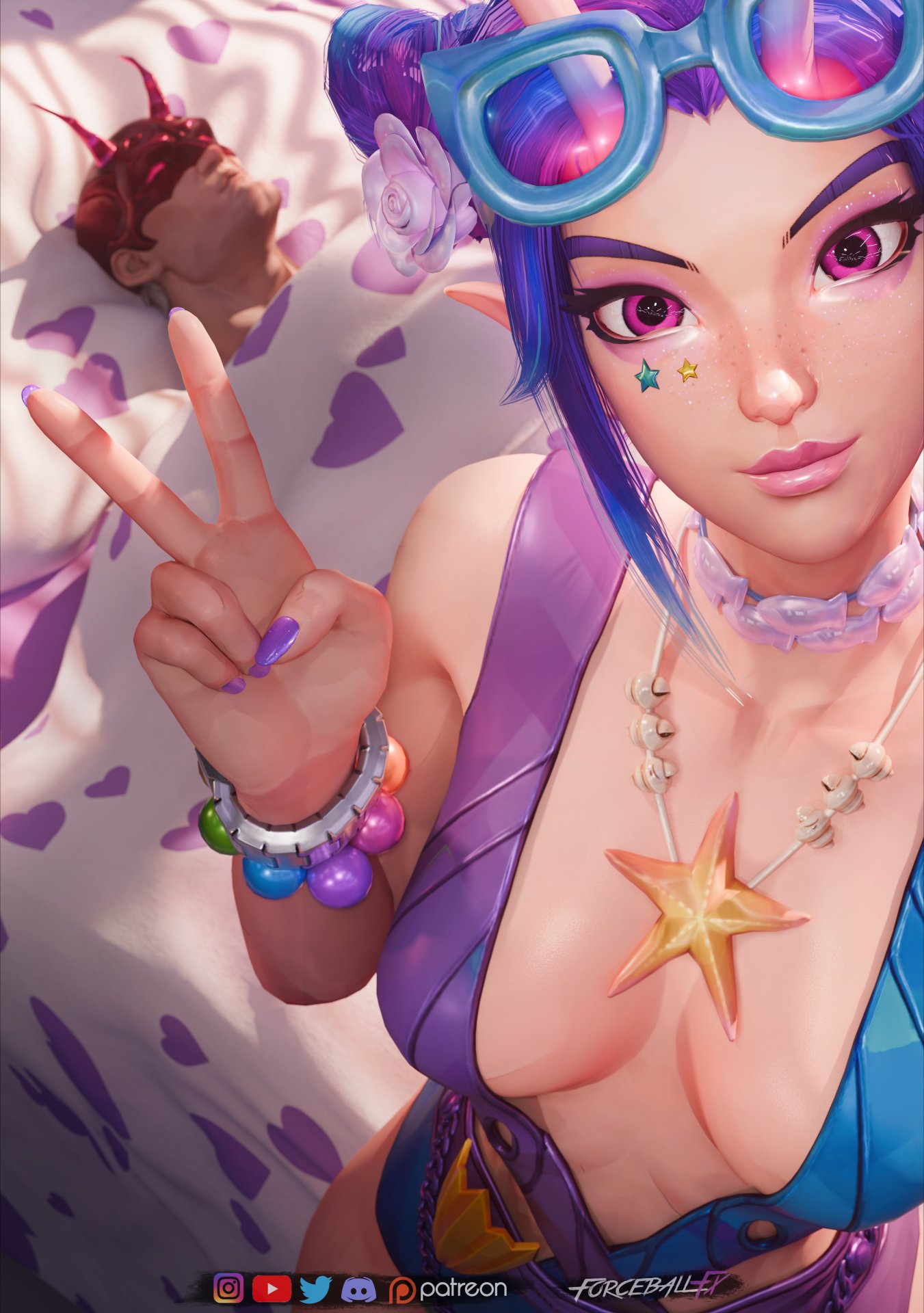 1boy, 1girls, 2025, 3d, alien, alien girl, alien humanoid, antennae (anatomy), artist name, bed, bed sheet, big breasts, breasts, choker, cleavage, clothed, clothing, collar, daredevil, daredevil (marvel rivals), female, forceballfx, glistening, glistening body, green eyes, green hair, guardians of the galaxy, hair bun, high-angle view, humanoid, legs together, legs up, light skin, light-skinned female, looking at viewer, male, mantis (marvel rivals), mantis (marvel), mantis (oceanic harmony), marvel, marvel rivals, multicolored hair, necklace, non-human, oiled, oiled body, oiled skin, oily, oily skin, on back, outdoors, partially clothed, presenting, presenting feet, shiny skin, solo, sunglasses, sunglasses on head, swimsuit, swimwear, thick thighs, thigh grab, thighs, video games, yellow nails