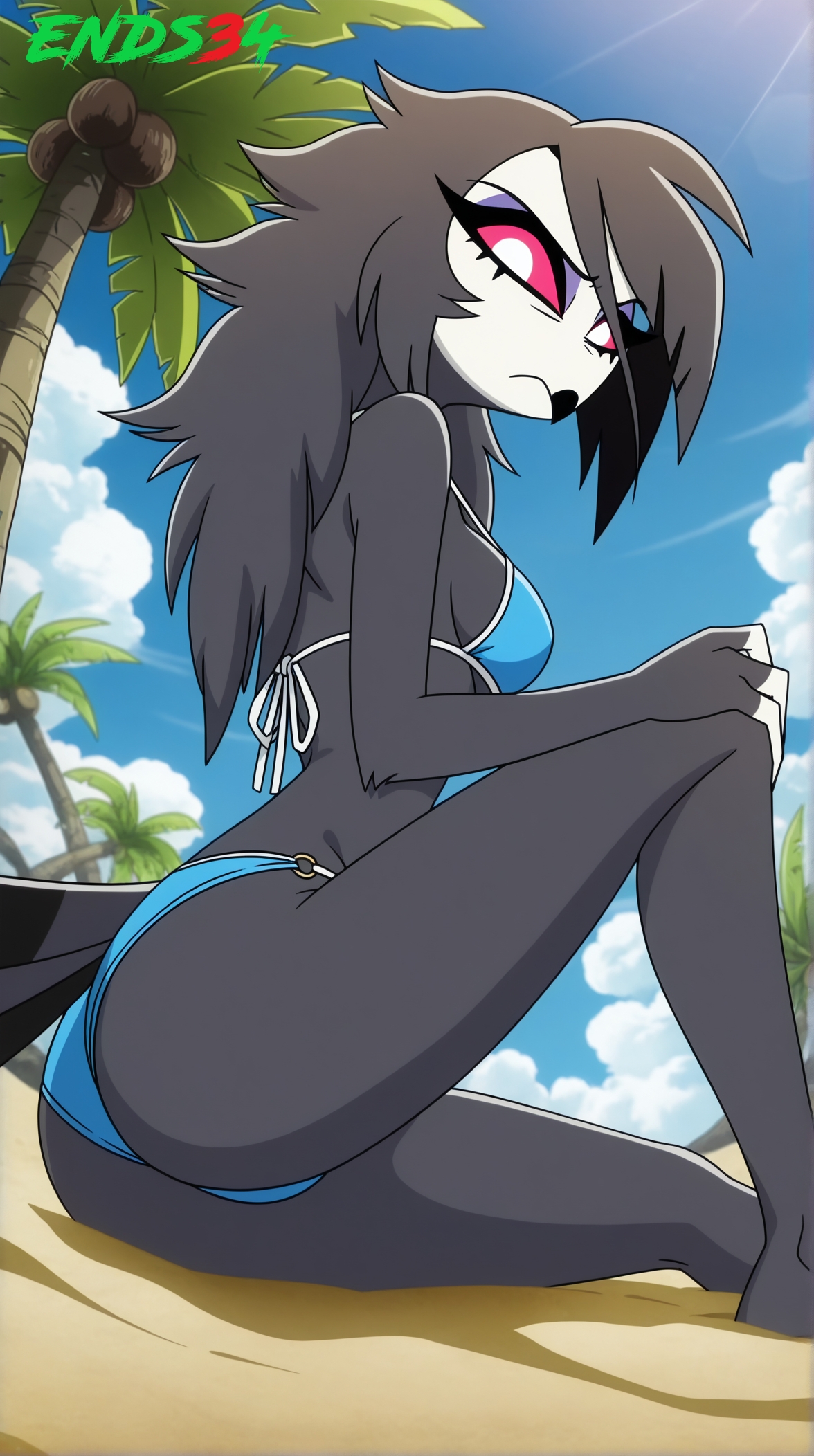 2025, ai generated, ass, bikini, ends34, female, female only, furry female, grey fur, helluva boss, medium breasts, octavia (helluva boss)