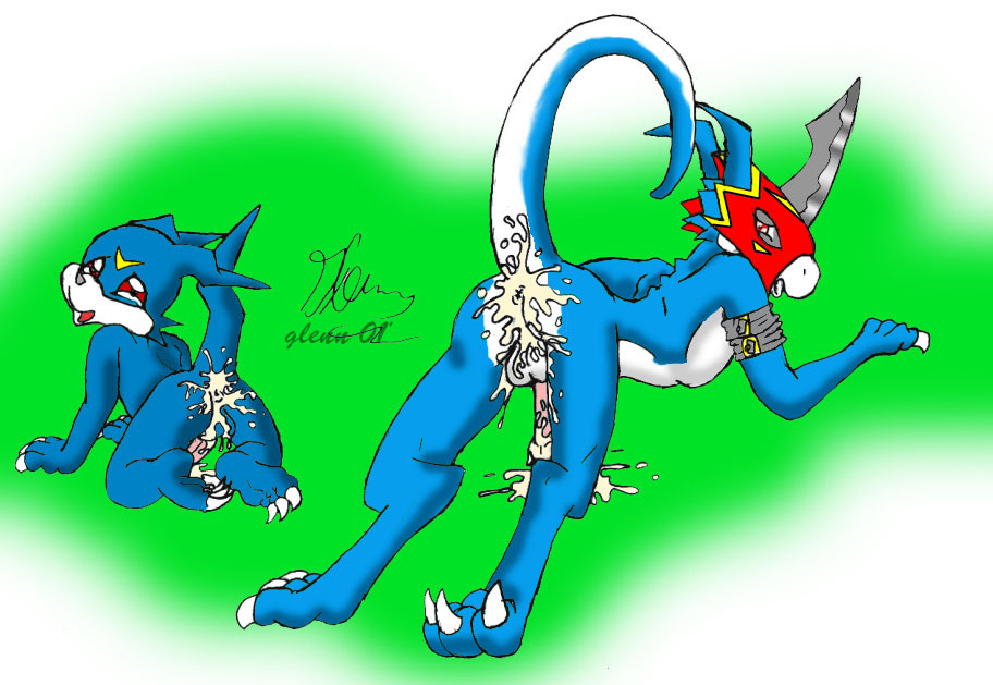 anthro anus ass balls blue_body claws cum cum_in_ass cum_inside cum_on_ass cum_on_penis digimon duo flamedramon glenn looking_at_viewer looking_back male male_only open_mouth penis pink_penis presenting presenting_hindquarters red_eyes veemon white_body