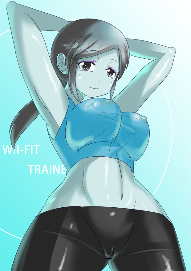 1girls, breasts, cameltoe, english text, female, nintendo, nipples, pussy, skin tight, solo, text, white skin, wii, wii fit, wii fit trainer, wii fit trainer (female)