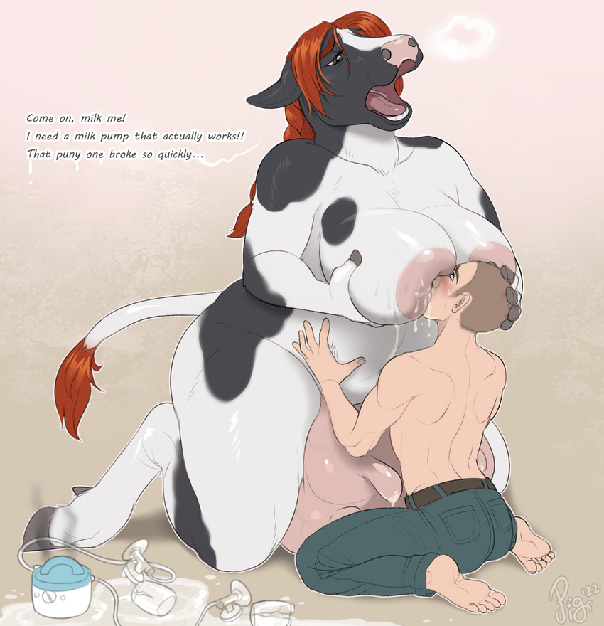 anthro, bovine, breast pump, breastfeeding, forced breastfeeding, huge breasts, larger female, sepiaflux, smaller male, udders