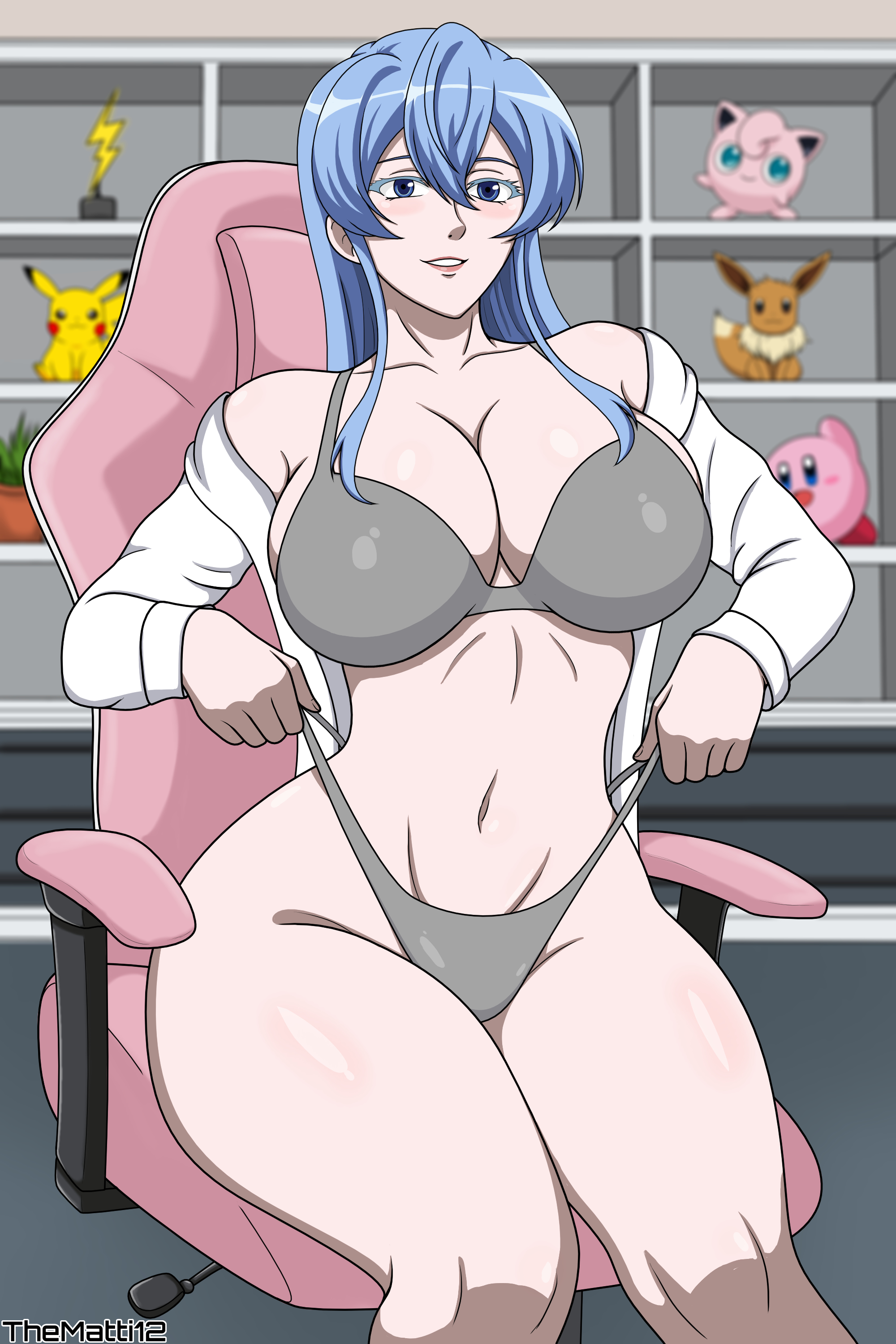 2d (artwork), akame ga kill!, big ass, big breasts, blue eyes, blue hair, bra, clothed female, esdeath, esdeath (akame ga kill!), female only, panties pull, panties pulled up, simple background, sitting on chair, smile, thematti123, thick thighs