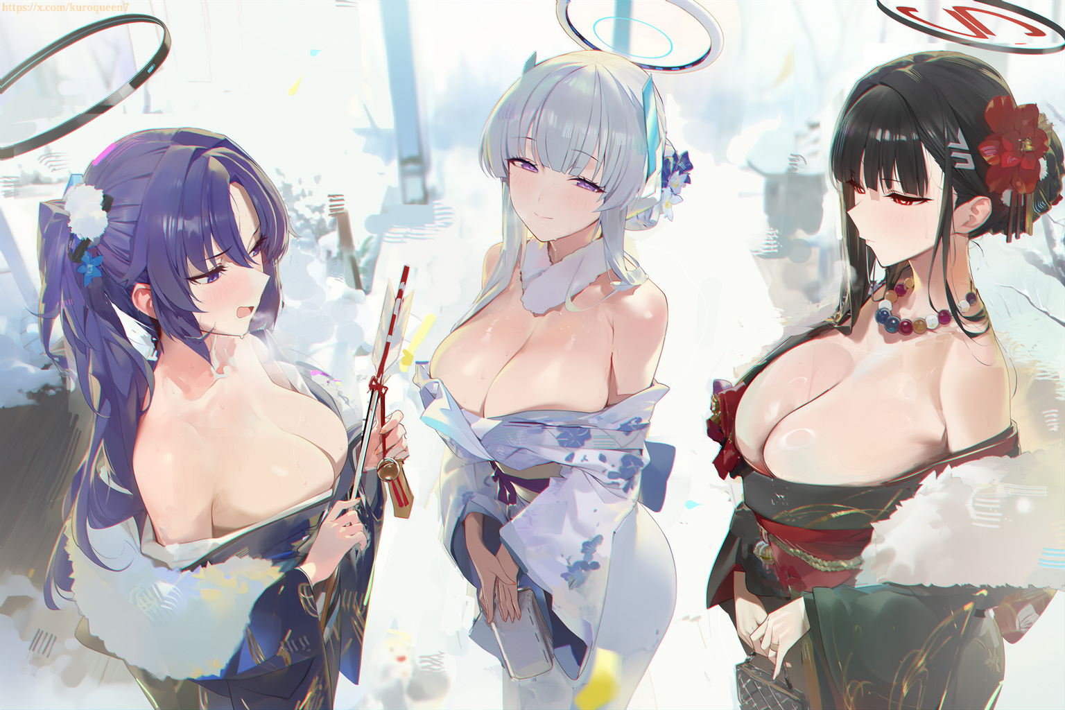 3girls, bangs, bare shoulders, big breasts, black hair, blue archive, blush, breasts, cleavage, closed mouth, eyelashes, fancy clothing, female, female only, flower in hair, flustered, hair accessory, halo, head tilt, kimono, large breasts, light skin, light-skinned female, long hair, looking at viewer, misaka 12003-gou, narrowed eyes, necklace, new year, no bra, noa (blue archive), nose, off-shoulder kimono, open mouth, outdoors, outside, purple eyes, purple hair, purse, red eyes, rio (blue archive), shy, sidelocks, smile, snow, tagme, white hair, yuuka (blue archive)