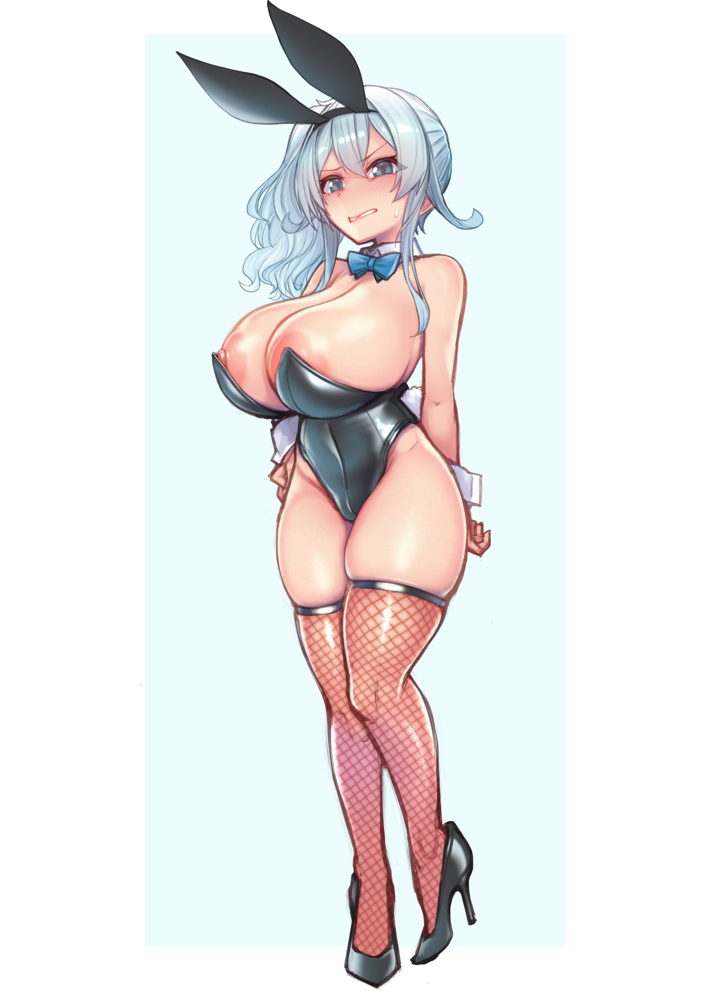 1girls, absurdres, animal ear hairband, animal ears, areola slip, bare shoulders, black leotard, black shoes, blue bow, blue eyes, blue hair, blush, bow, bowtie, breasts, cleavage, commentary request, curvy, detached collar, disgust, fake animal ears, fake tail, female, female only, fishnets, hair between eyes, hairband, hand on own hip, high heels, highleg, highleg leotard, highres, huge breasts, kagami uekusa, large areolae, leotard, long hair, nijisanji, nipples, playboy bunny, rabbit ear hairband, rabbit ears, rabbit tail, revealing clothes, shoes, shortstack, side ponytail, simple background, skimpy clothes, skindentation, solo, strapless, strapless leotard, tail, thighhighs, thighs, virtual youtuber, white background, white wrist cuffs, wide hips, wrist cuffs, yukishiro mahiro