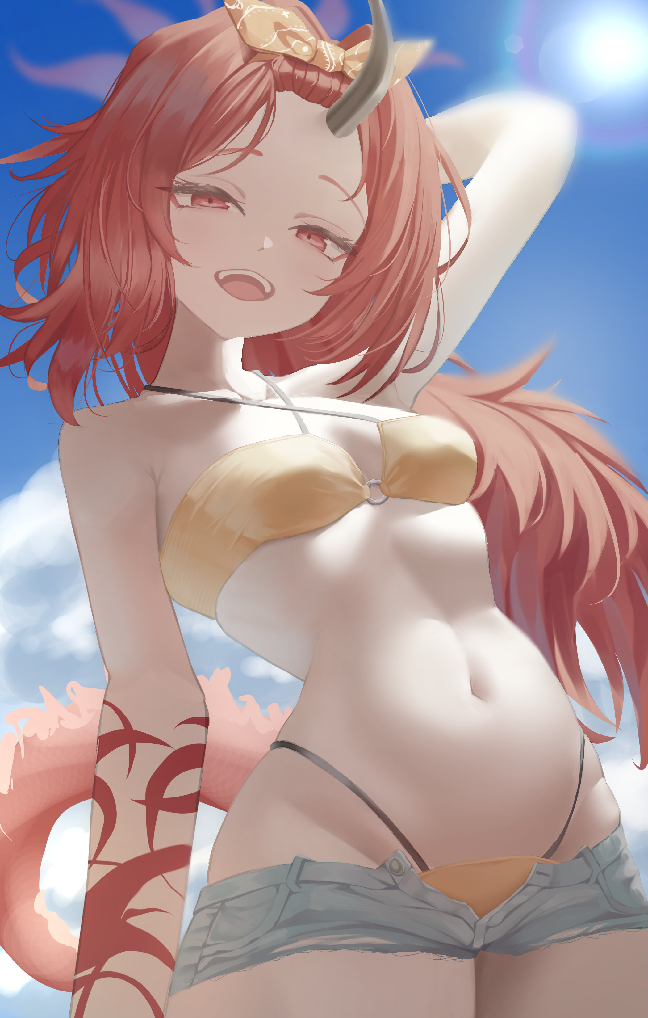 absurdres, arm behind head, arm up, azuma (sospower73), bikini, bikini bottom under shorts, bikini under clothes, black horns, blue archive, blush, breasts, cloud, cloudy sky, colored extremities, commentary request, day, female, female torso, grey shorts, halterneck, highleg, highleg bikini, highres, horns, long hair, looking at viewer, micro shorts, navel, o-ring, o-ring top, official alternate costume, official alternate hairstyle, open mouth, red eyes, red hair, red hands, renge (blue archive), renge (swimsuit) (blue archive), shorts, single horn, sky, small breasts, smile, solo, stomach, sunlight, swimsuit, teeth, thighs, upper teeth only, yellow bikini