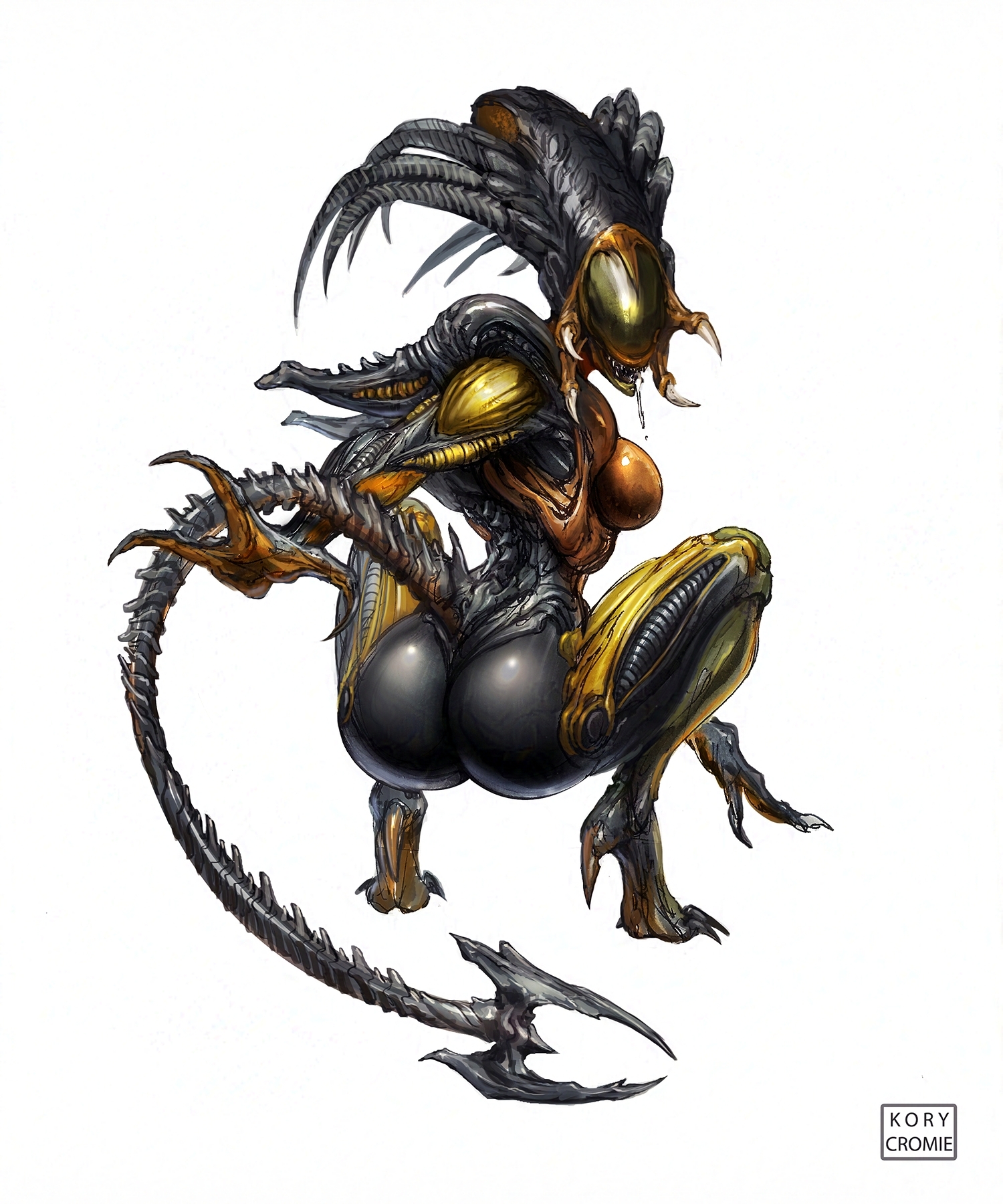 1girls, 2d, alien, alien (franchise), alien vs predator, ass, ass focus, breasts, exoskeleton, female, female only, female xenomorph, kory cromie, long tail, looking back at viewer, mandibles, predalien, predator (franchise), reaching towards viewer, sharp teeth, solo, solo female, squatting, thick ass, watermark, xenomorph, xenomorph tail