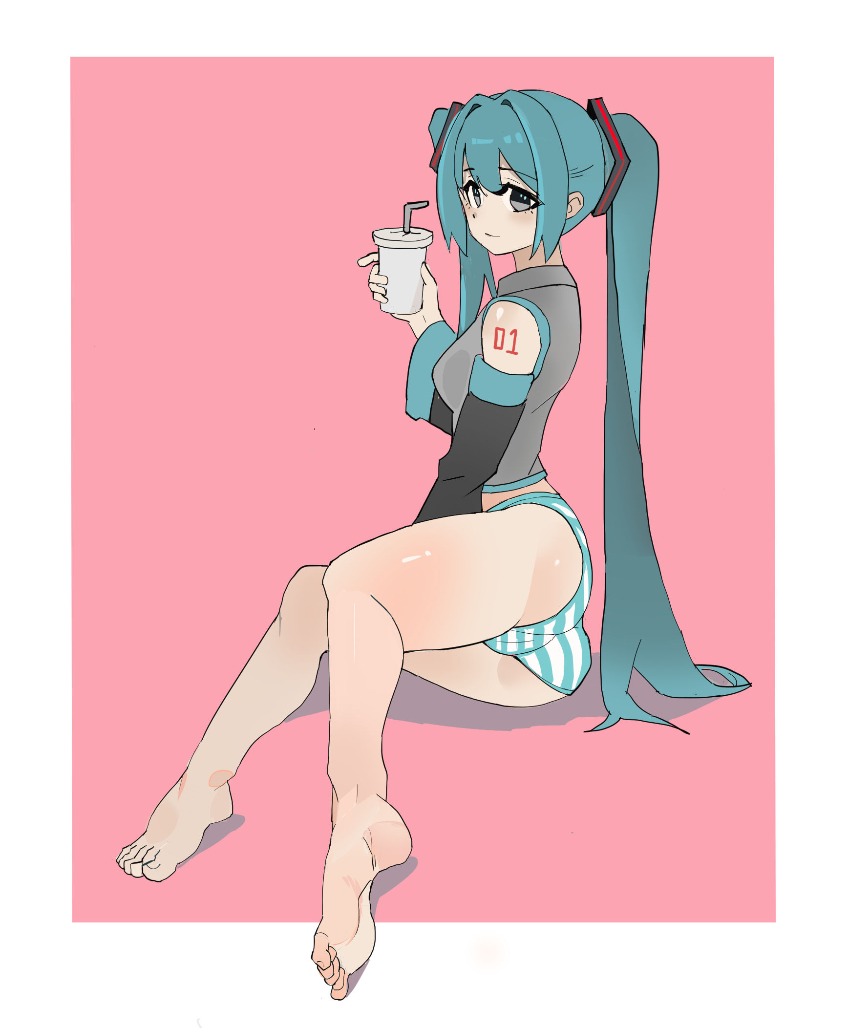 1girl, 1girls, 2025, aqua eyes, aqua hair, aqua panties, arm tattoo, ass, barefoot, cameltoe, cup, detached sleeves, disposable cup, drink, drinking straw, feet, grey eyes, grey shirt, hatsune miku, holding, long hair, looking at viewer, no pants, panties, pink background, shirt, simple background, sitting, sleeveless, smile, soles, solo, striped, striped panties, tagme, tattoo, thighs, toes, trefoil, twintails, underwear, very long hair, vocaloid, wuming-aaa