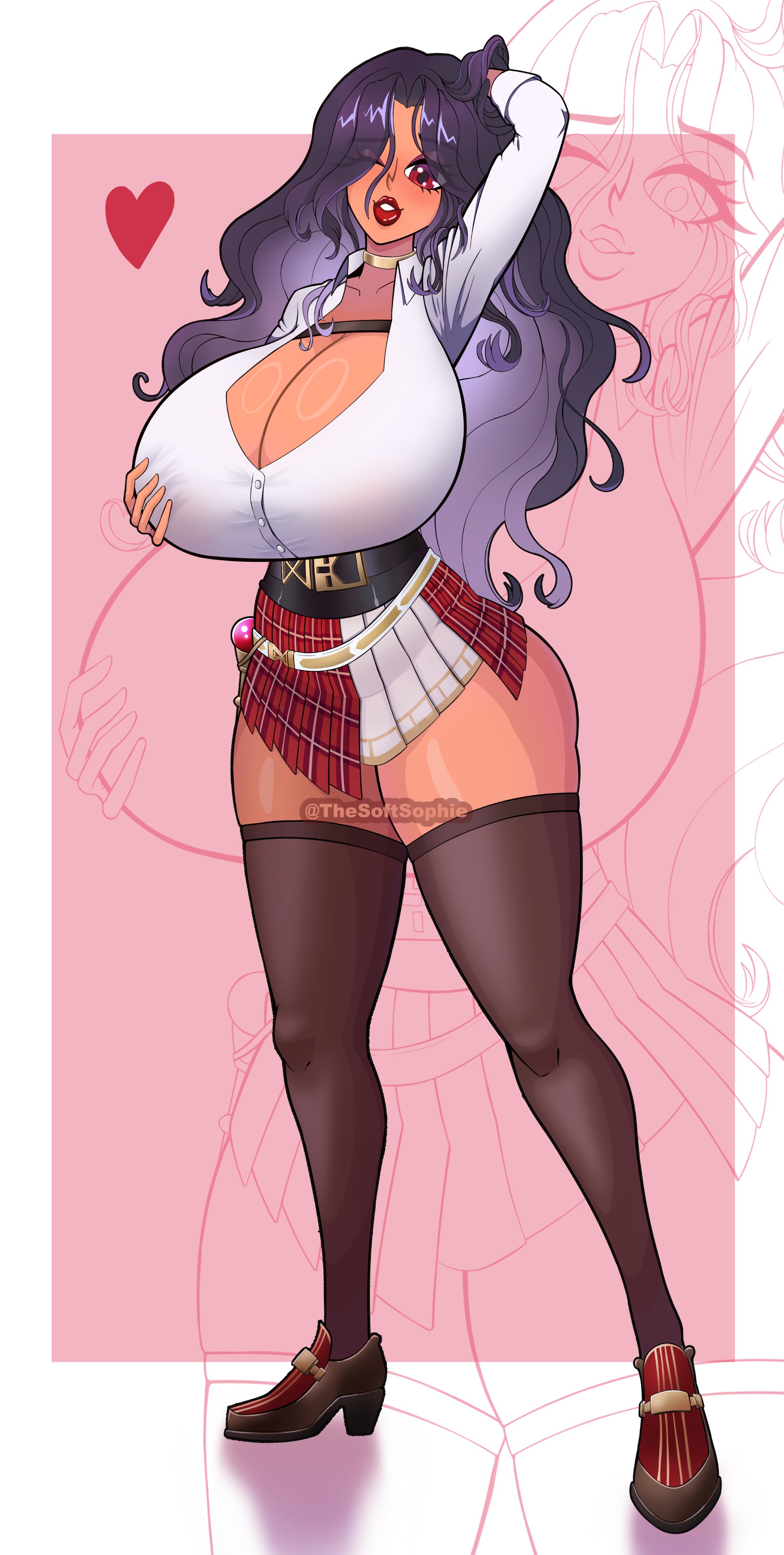belt, bimbo, bimbo lips, black hair, choker, gradient hair, grey hair, heels, holding breast, holding own breast, holding own breasts, huge breasts, loose belt, nijisanji, nijisanji en, red eyes, red lipstick, red skirt, scarle yonaguni, stockings, tan skin, tanned, tanned female, tanned skin, thesoftsophie, thick thighs, virtual youtuber, white belt, white shirt, wink, winking at viewer