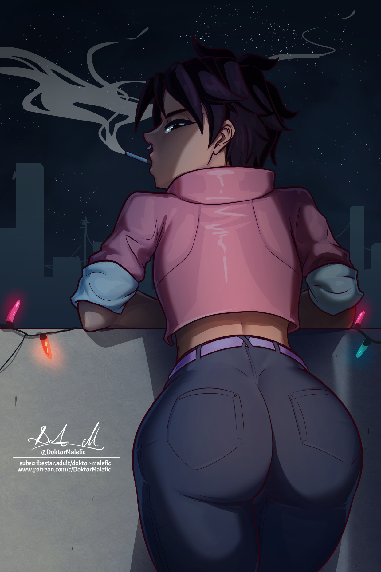 1girls, background, big ass, brown hair, color, colored, dispatch (game), doktor malefic, female, invisigal, jeans, looking at viewer, looking back, septum piercing, short hair, tanned female, tanned skin, thick, thick ass, thick thighs, thighs